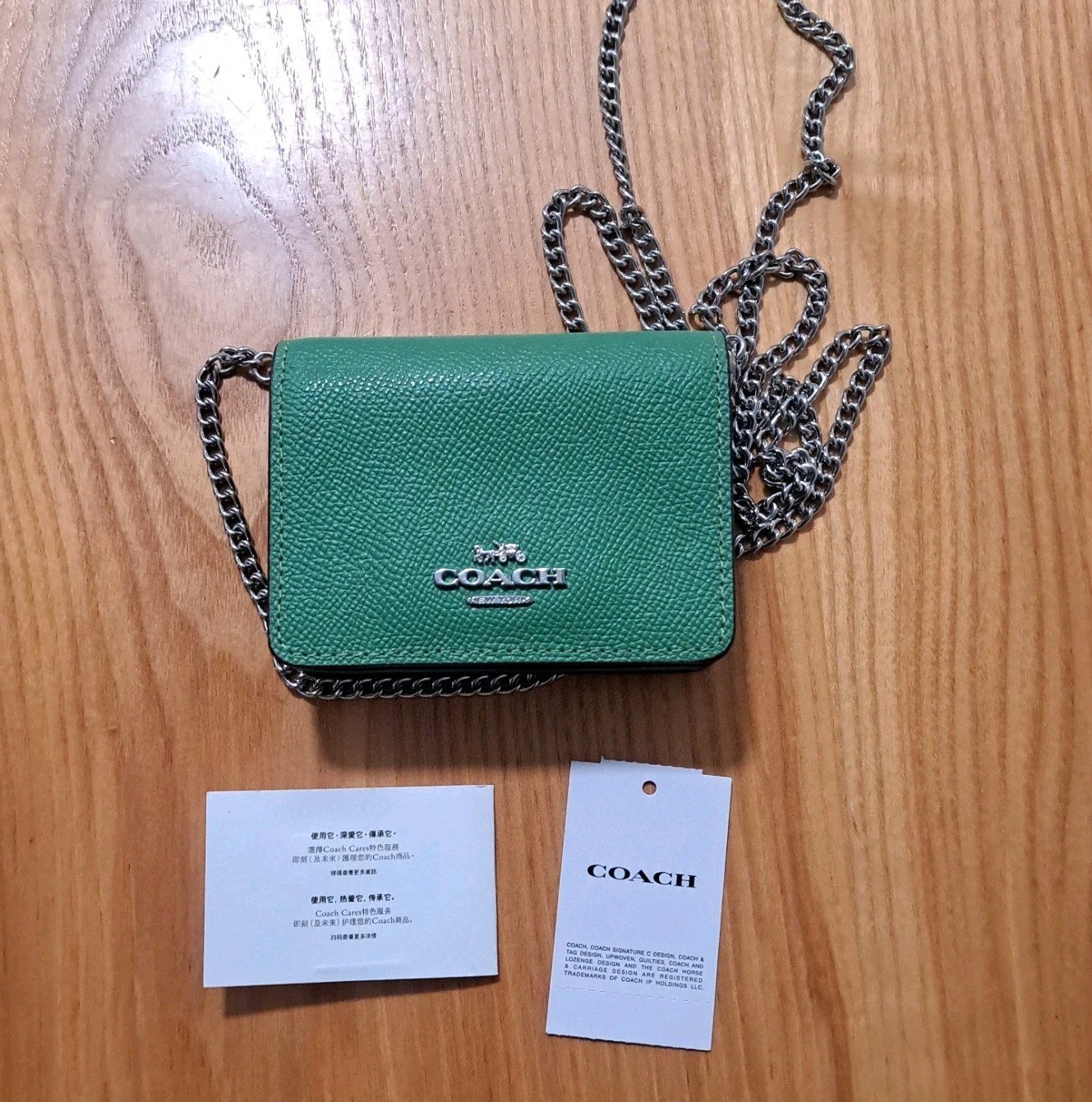 Coach Mini Wallet C0059 Soft Green Leather Silver Metallic Crossbody Chain