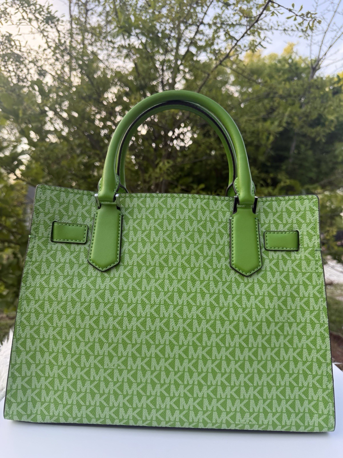 Michael Kors Medium Hamilton Satchel MK Logo Leather Jungle Green Crossbody