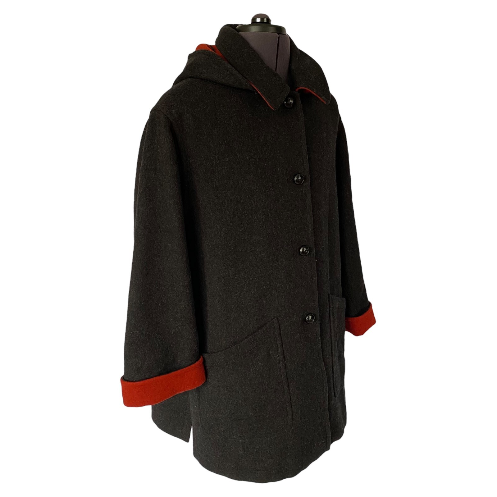 LODENFREY Hooded Coat Black Charcoal Virgin Wool Red Trim Ladies UK 18 D/A 44
