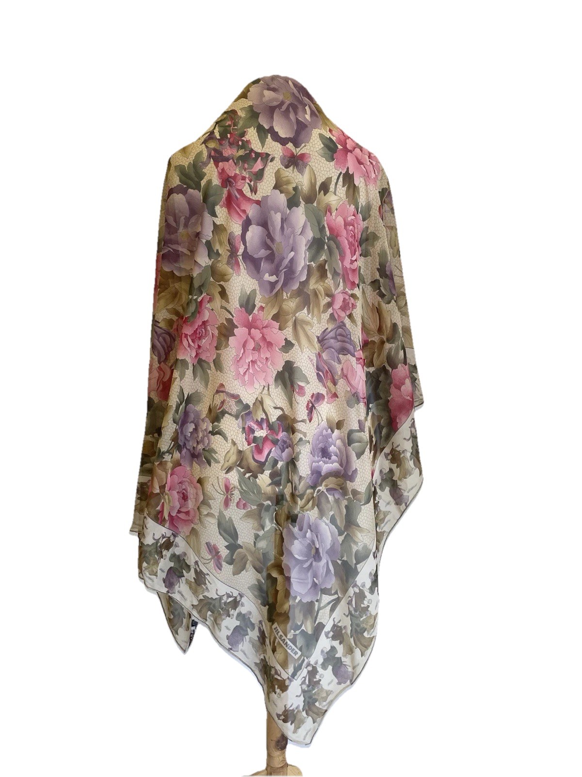 Y2#Jil Sander Silk Scarf Sheer Floral Print Purple Pink Beige Green Vintage