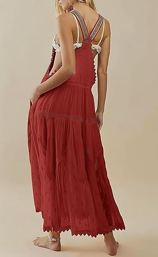 Women’s Laced Embroidered Tulle Bib Dress Casual Loose Adjustable Straps Maxi