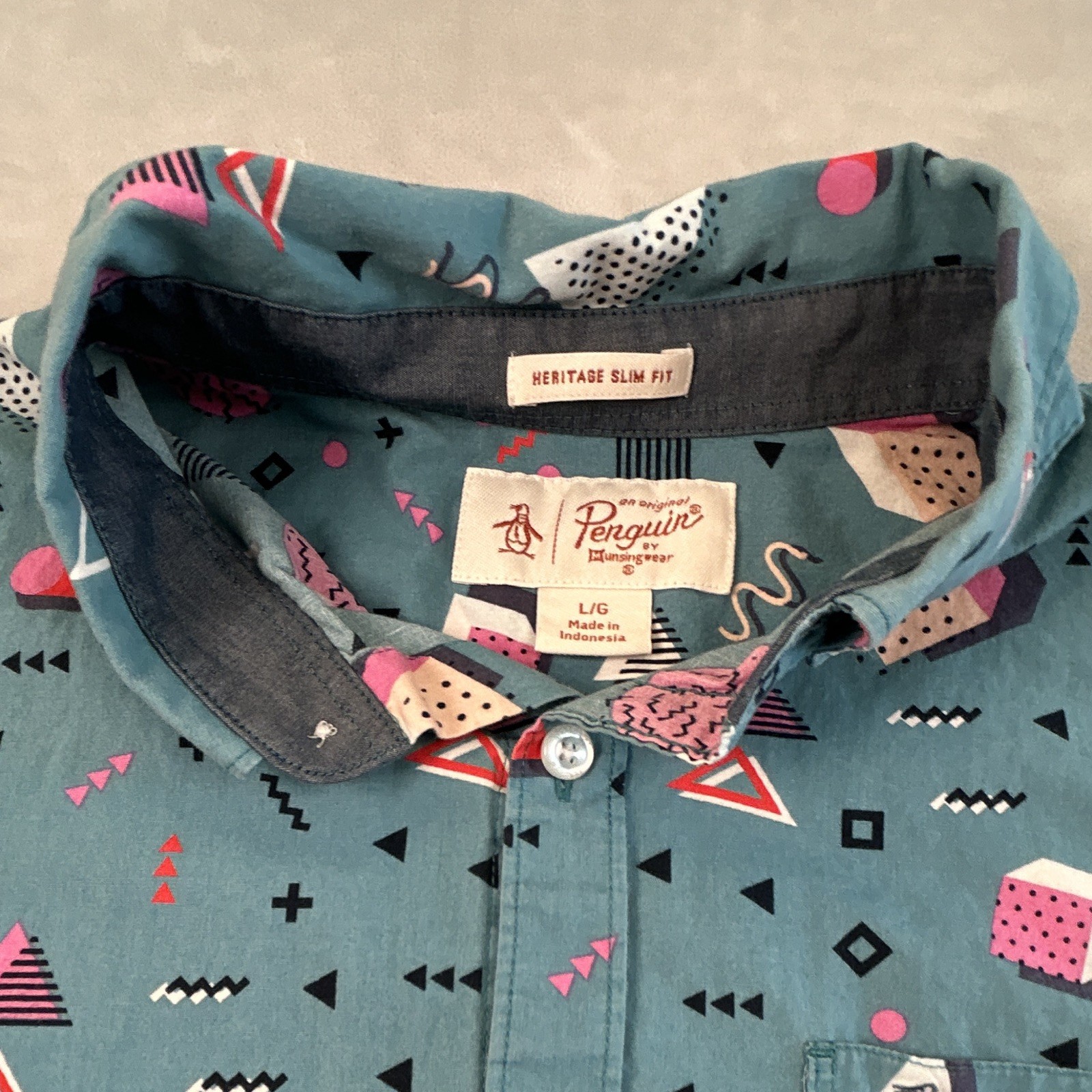 Original Penguin Shirt Mens Large L Heritage Slim Fit Teal 90s Memphis Geometric
