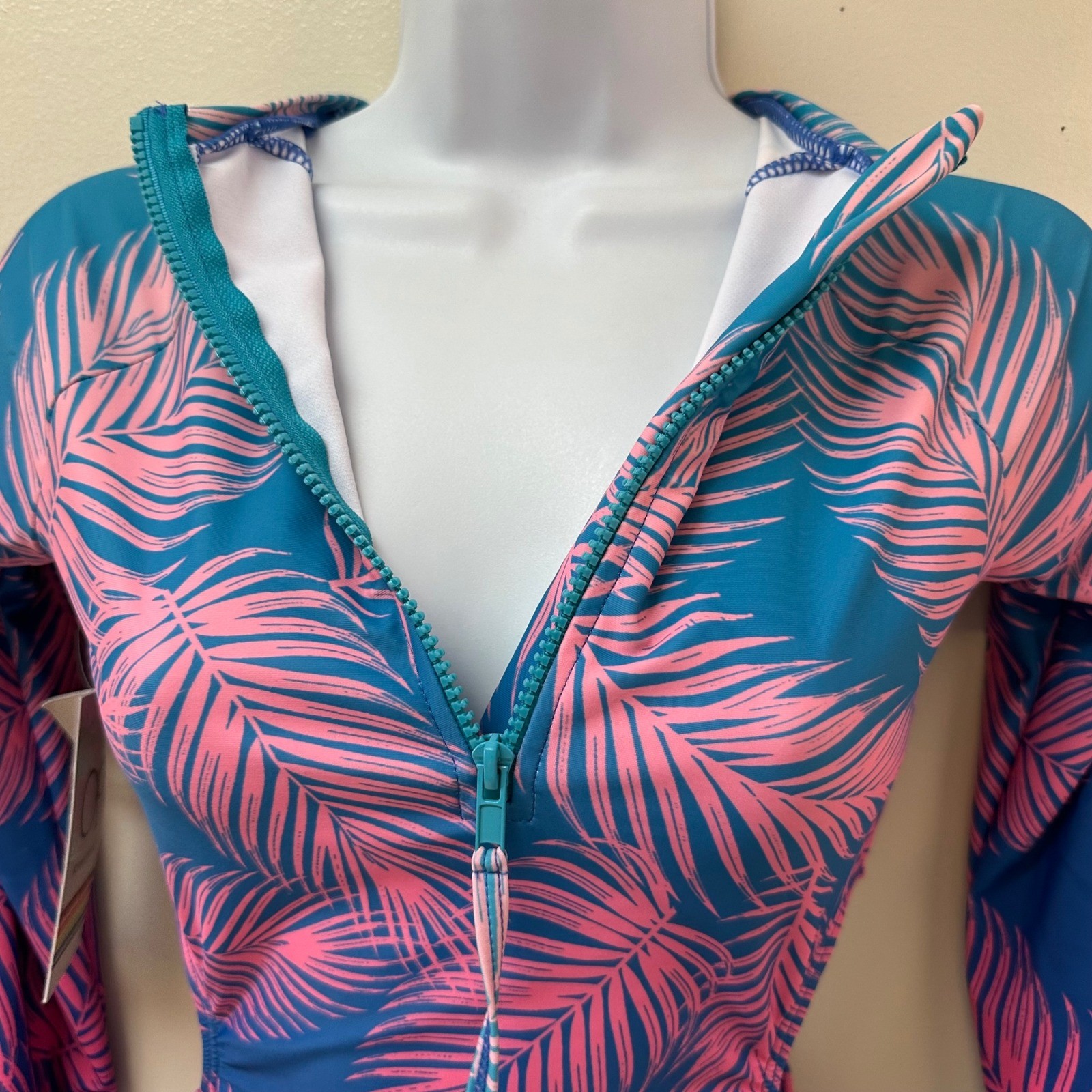 Ocean Pacific Womens Small Long Sleeve One Piece Swimsuit Palm Print Cutout Blue
