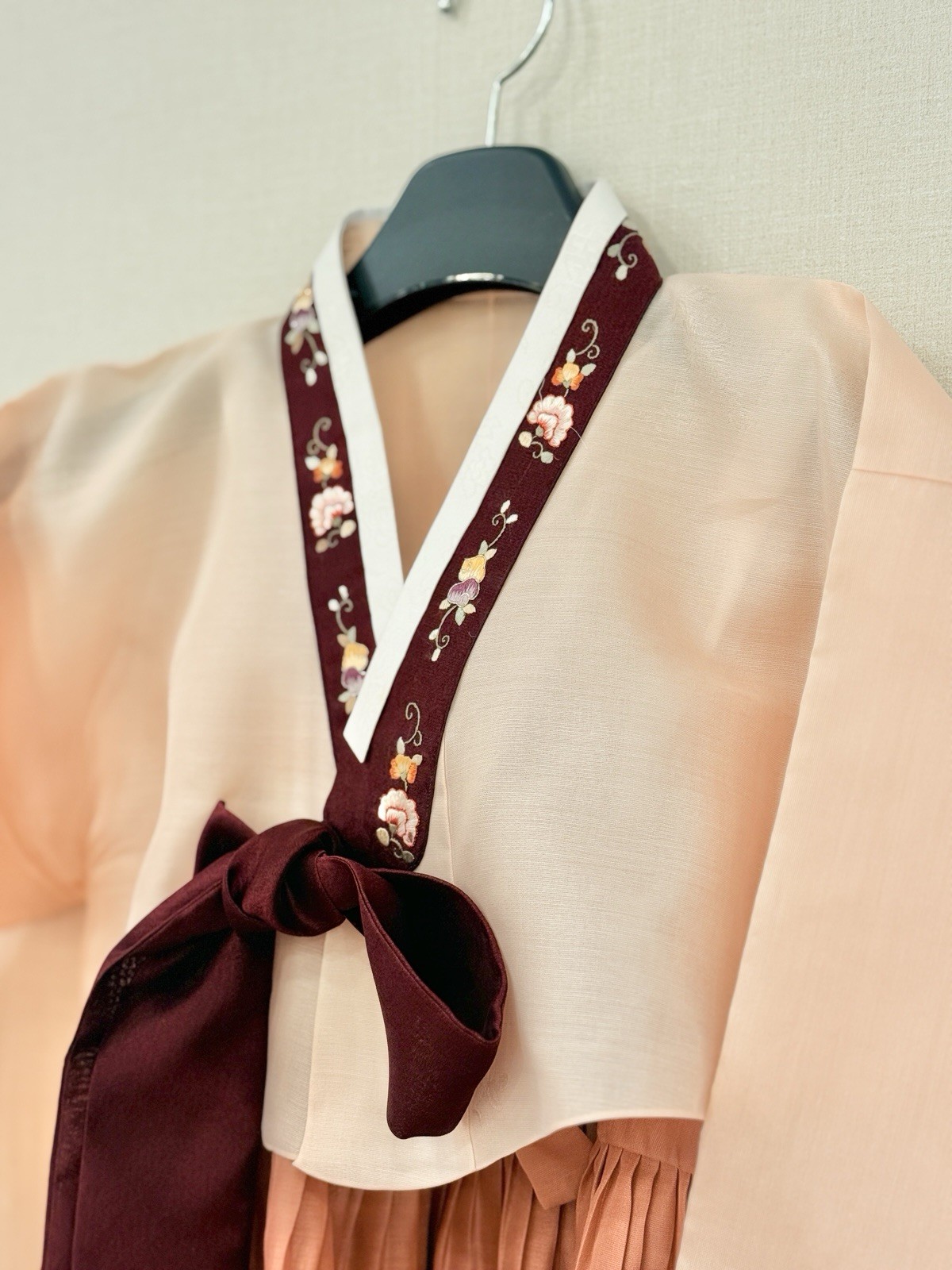 Korean Traditional Hanbok Set Pink Rose Gold Sheer Embroidered w/ Bag Norigae