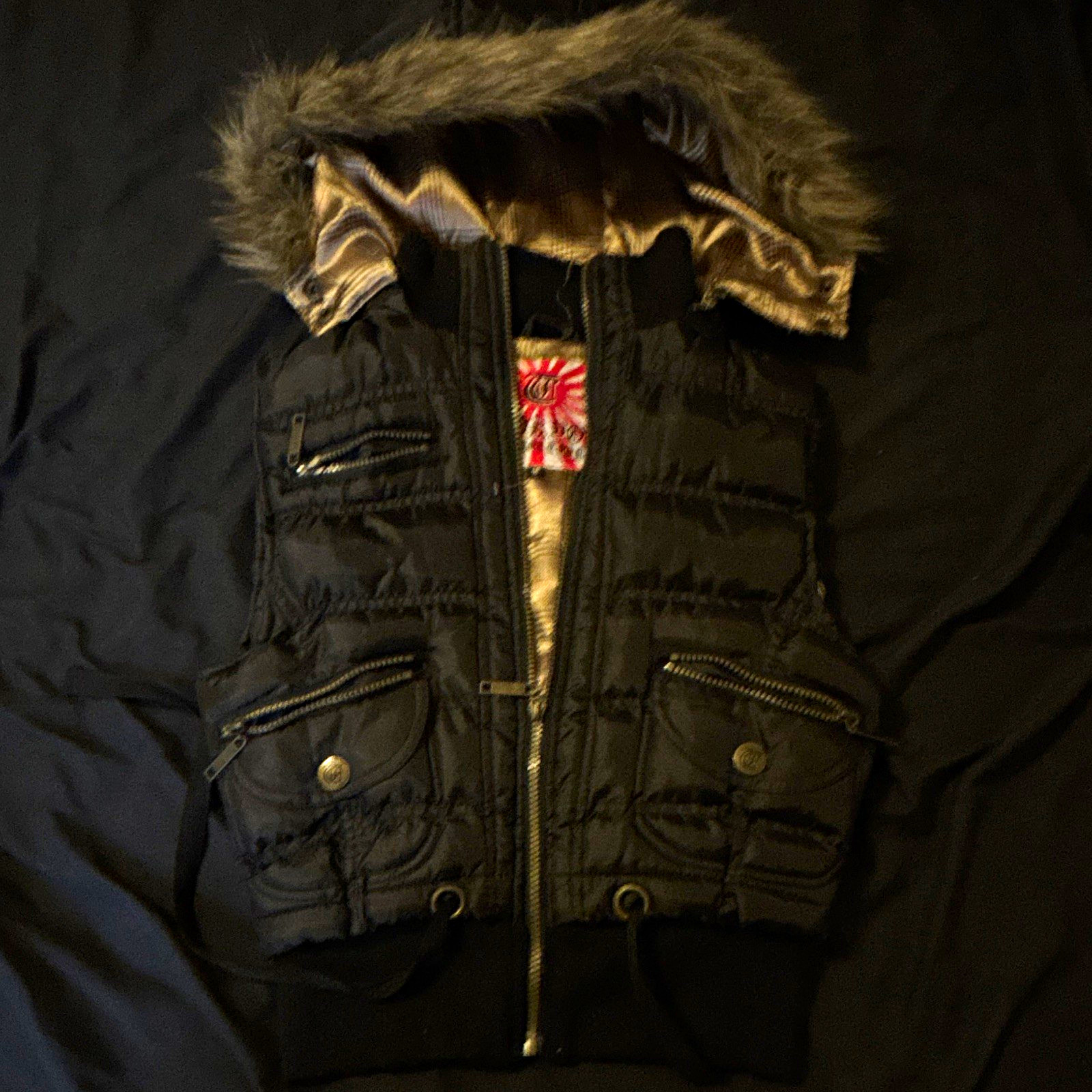 Tokyo Collection Women’s Black Hooded Puffer Jacket Faux Fur Trim Zip Size M