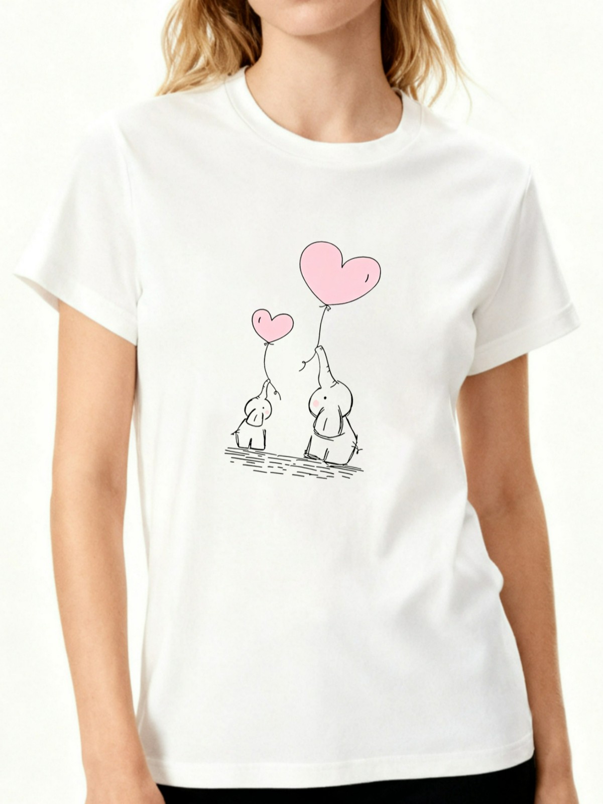 Cute Elephant & Heart Balloons Graphic T-Shirt Soft Polyester Casual Daily Top
