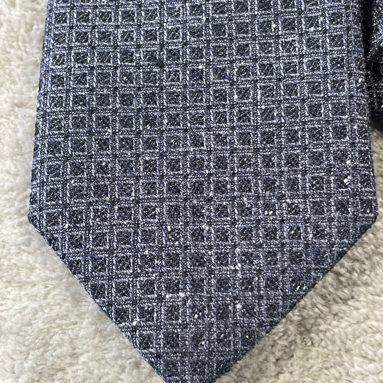 Murano Slim Tie Necktie Navy Blue Geometric Grid Woven 100% Silk Career Office