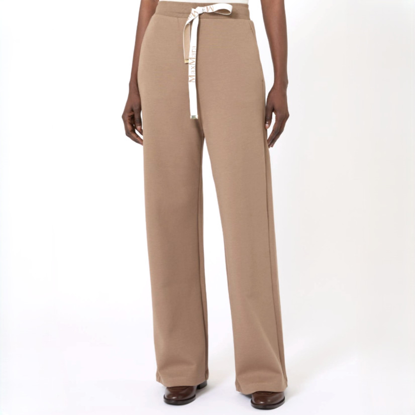 ‘S Max Mara Wide-Fit Jersey Trousers w/ Pockets in Camel – Women’s Size Large