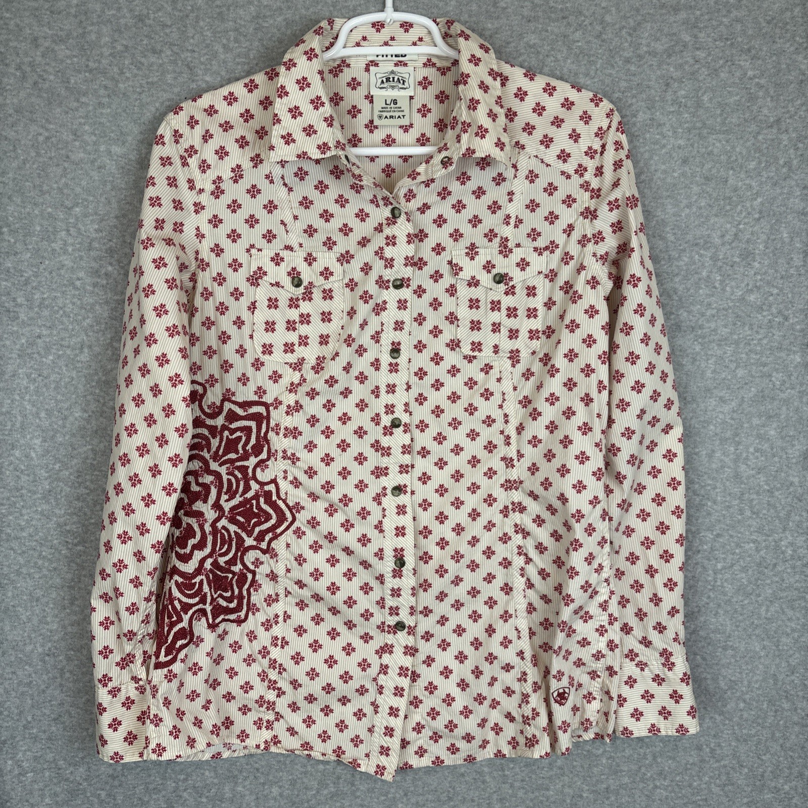 Ariat Shirt Womens Lg Red Western Pearl Snap Embroidered Flower Roll Tab Sleeve