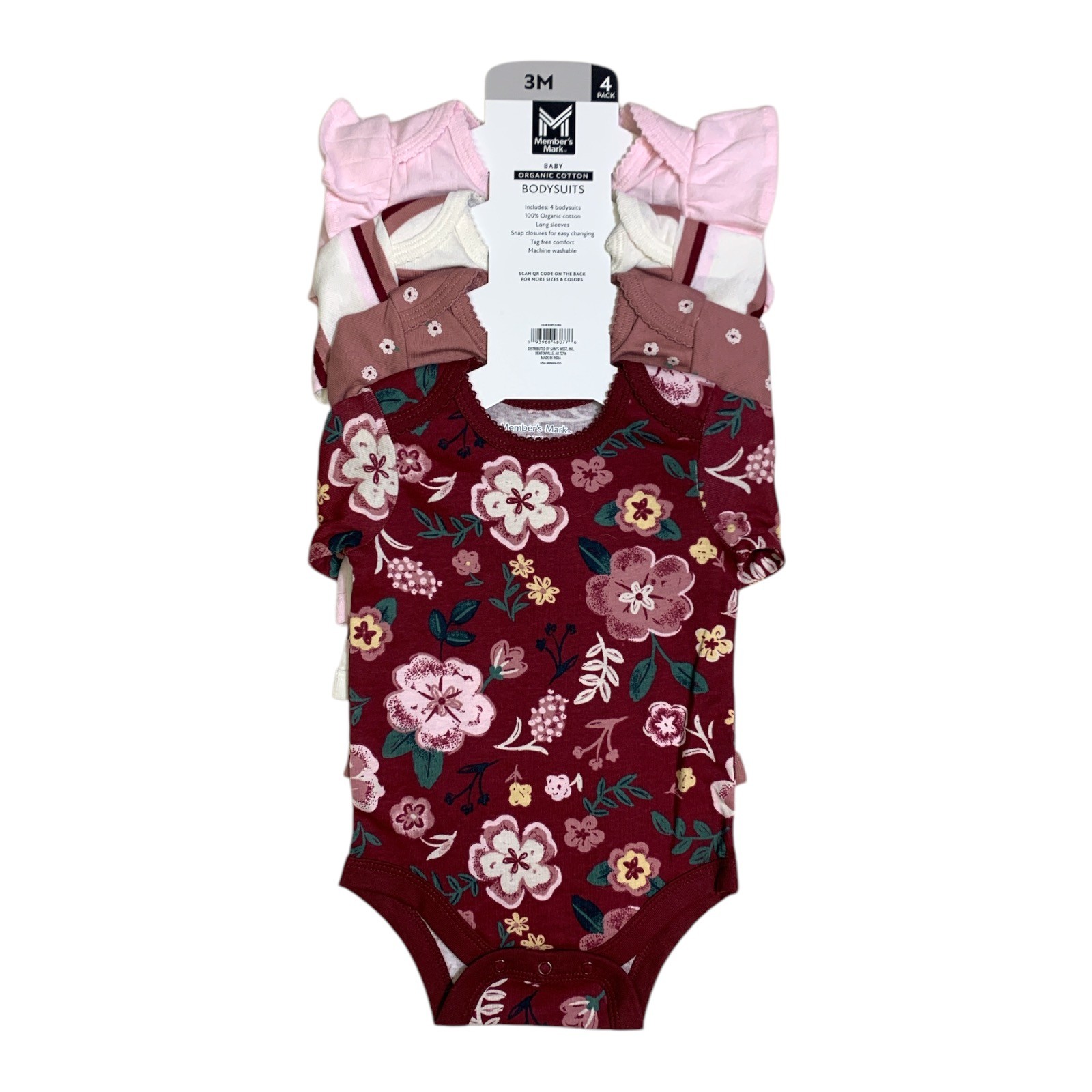 Member’s Mark Baby Girls Organic Cotton Bodysuits 4-Pack, Long Sleeve with Snaps