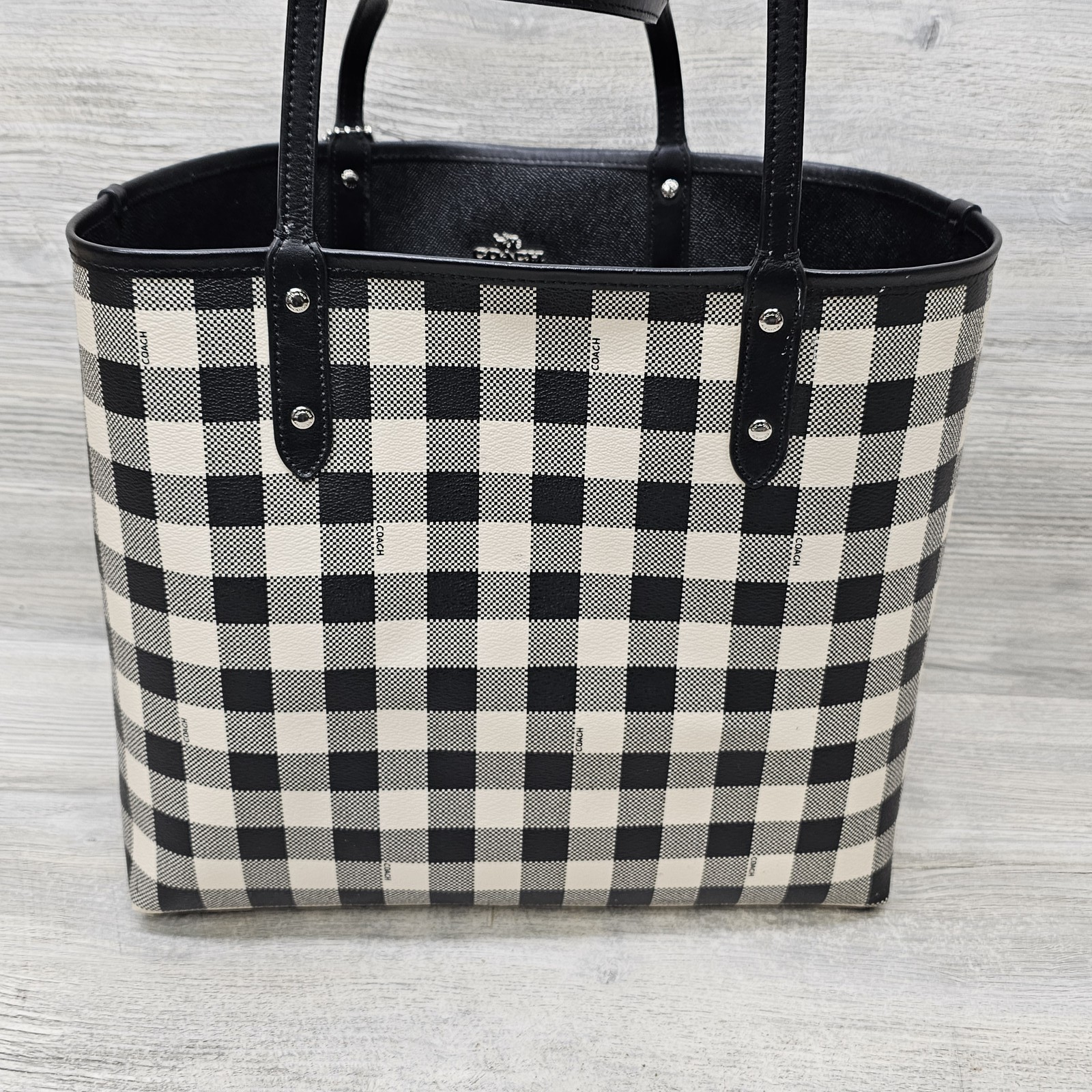 Coach Reversible City Tote Black Crossgrain Leather Checkered Buffalo Plaid Bag