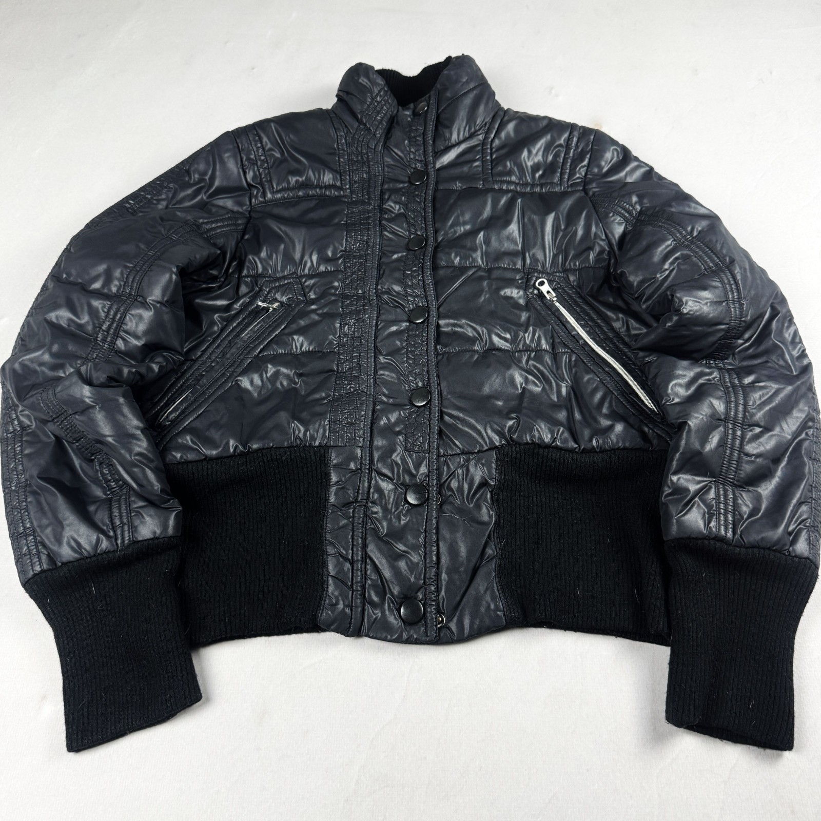 Womens Vintage Black Cropped Puffer Jacket Quilted Bubble Coat Y2K Streetwear