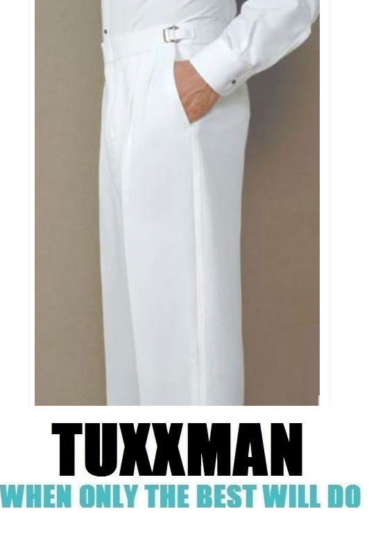 Men’s Used White polyester Tuxedo Pants Trousers Adjustable waist sizes TUXXMAN