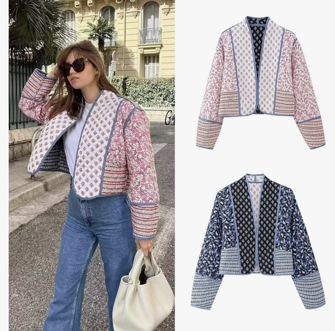 ​Womens Reversible Quilted Jacket Medium Cropped Patchwork Paisley Floral Boho