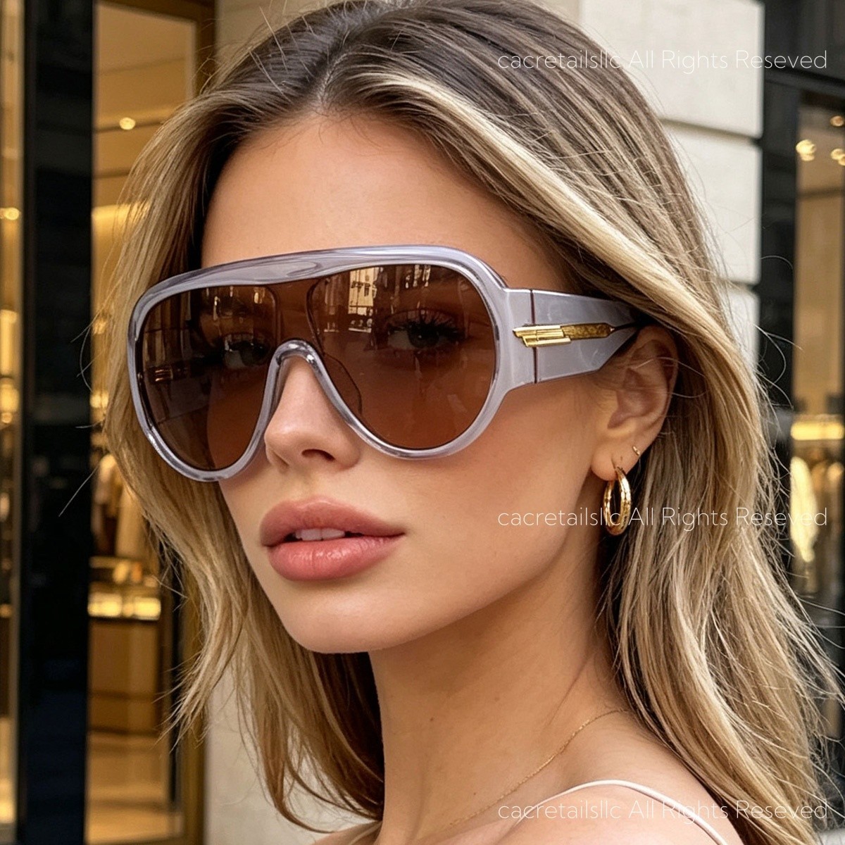 Bottega Veneta BV1345 Oversized Shield Sunglasses Women Transparent Frame Brown