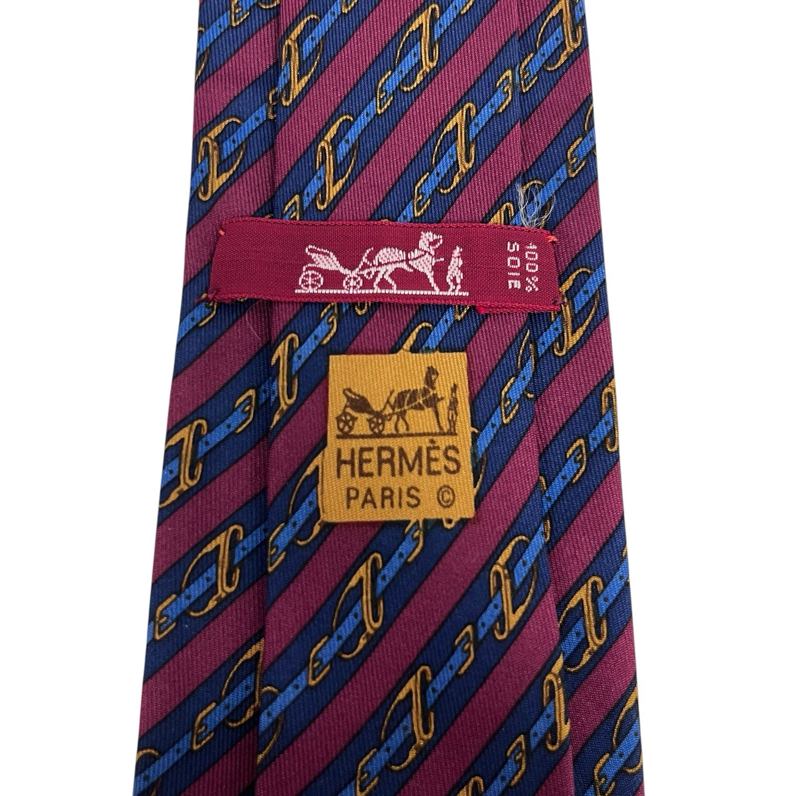 Hermes Men’s Tie Equestrian Belts Burgundy/Navy Silk 950 IA 3 1/8″ (W) 55.5″ (L)