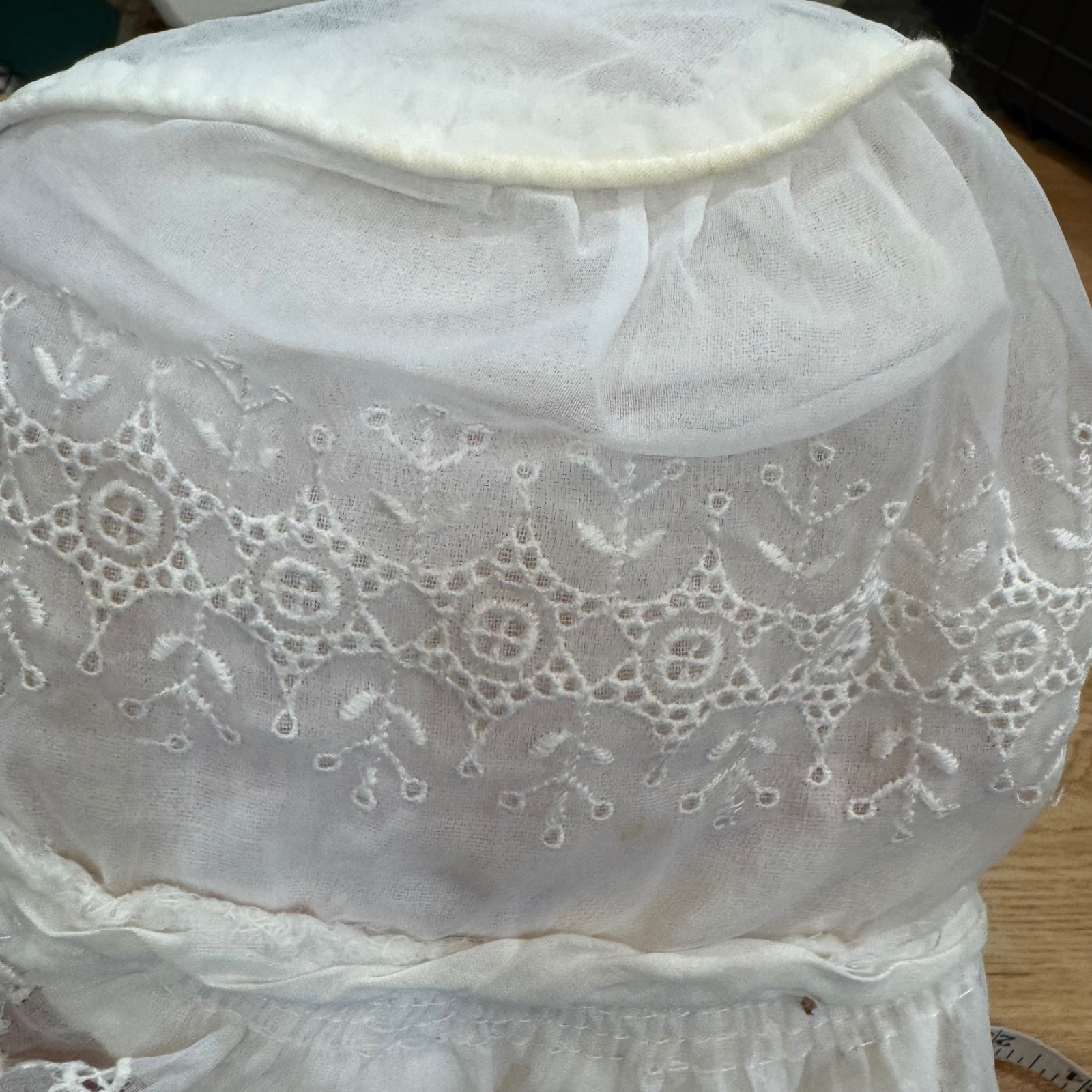 Vintage White Cotton Lawn Baby Bonnet Embroidered Lace Ruffle Christening Hat