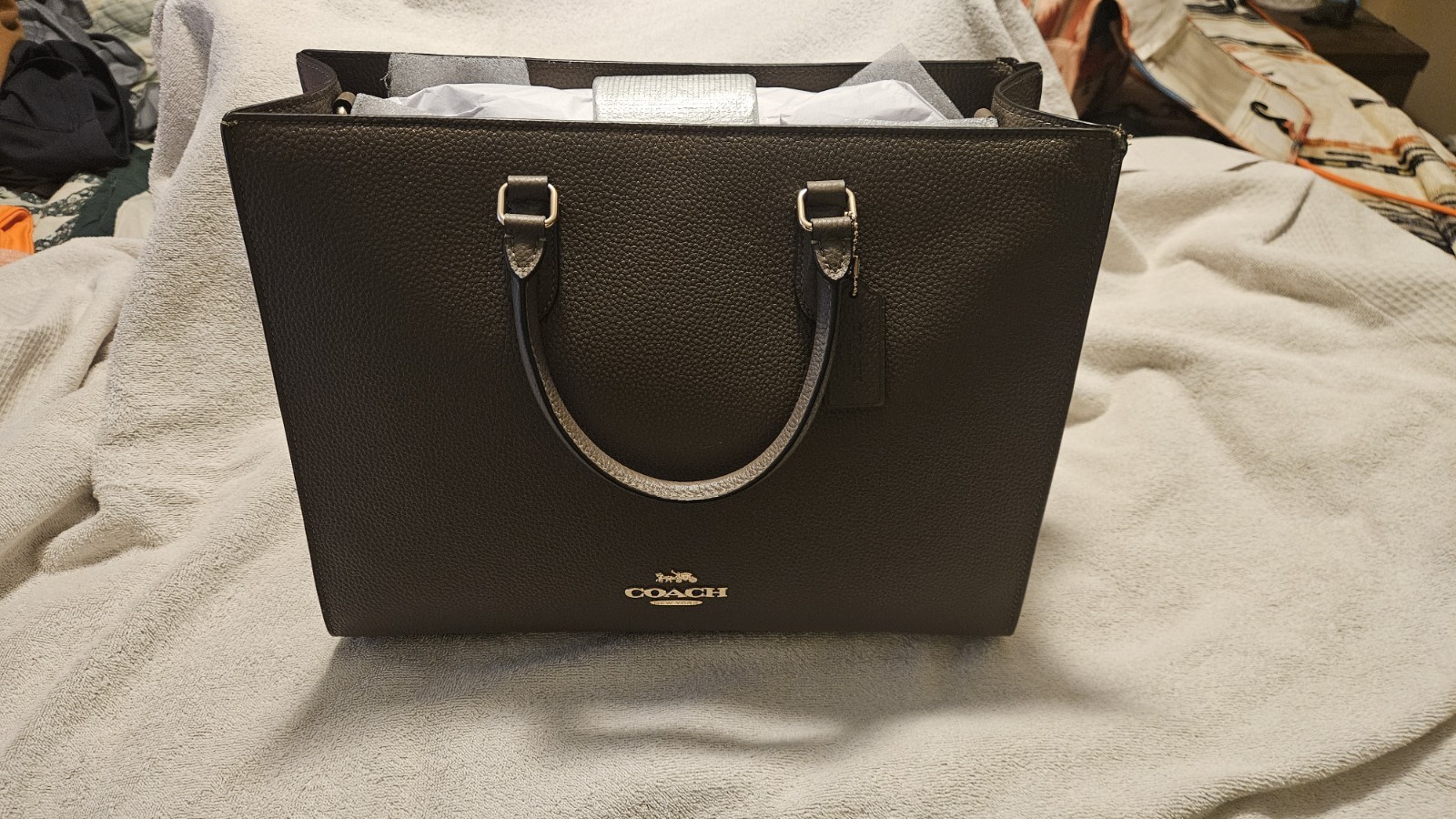 Coach Maggie Tote Bag Refined pebble leather dark stone