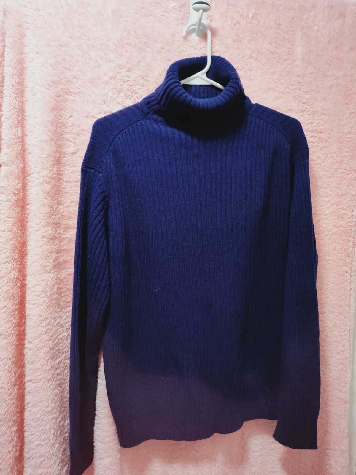 Unisex Adults Blue Rib-Knit Turtleneck Pullover Sweater Long Sleeve Size L