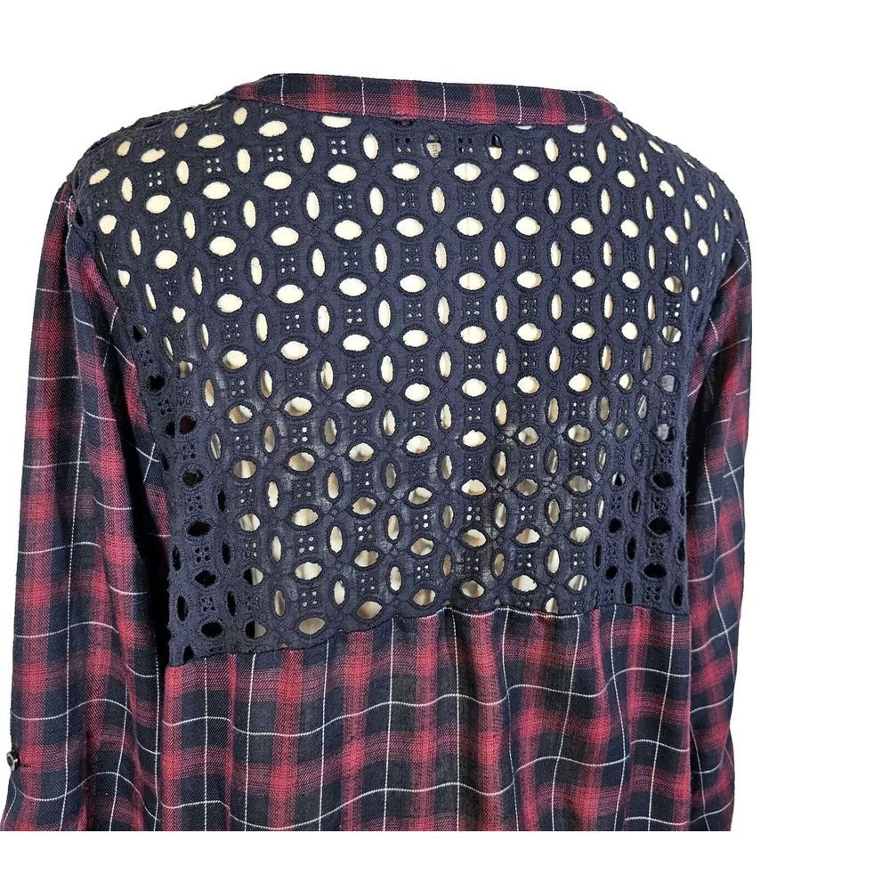Andree by Unit FLAWED Tab-Sleeve Embroidered Tunic Cottagecore Floral Plaid L
