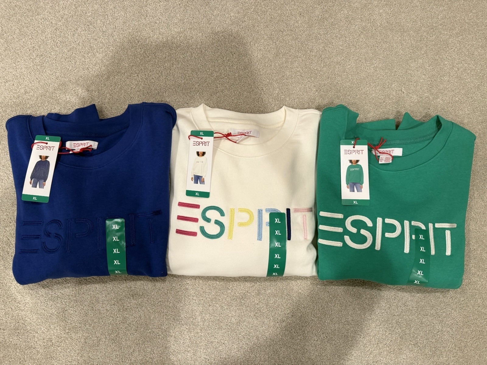 ESPRIT Sweatshirt White Green Blue Retro Logo Size XL X-Large Women’s – 3 Pack