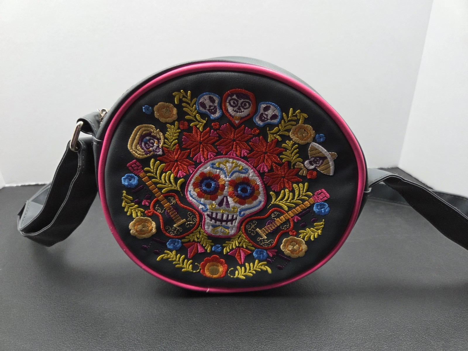 Disney Store Round Coco Embroidered Crossbody Bag Gray Pink Sugar Skull EUC