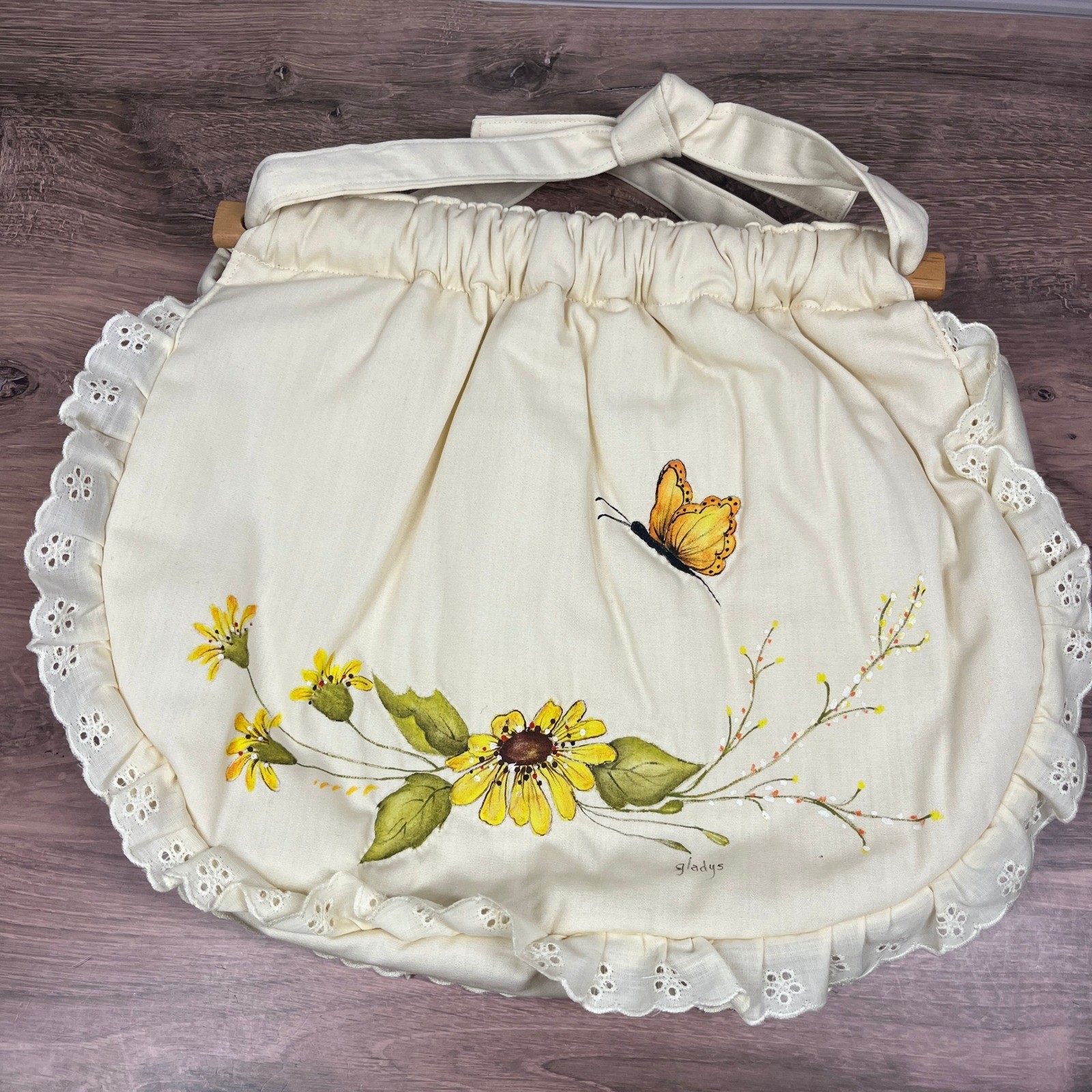 Hand Painted Floral Butterfly Handbag Cream Eyelet Lace Wood Handle Cottagecore