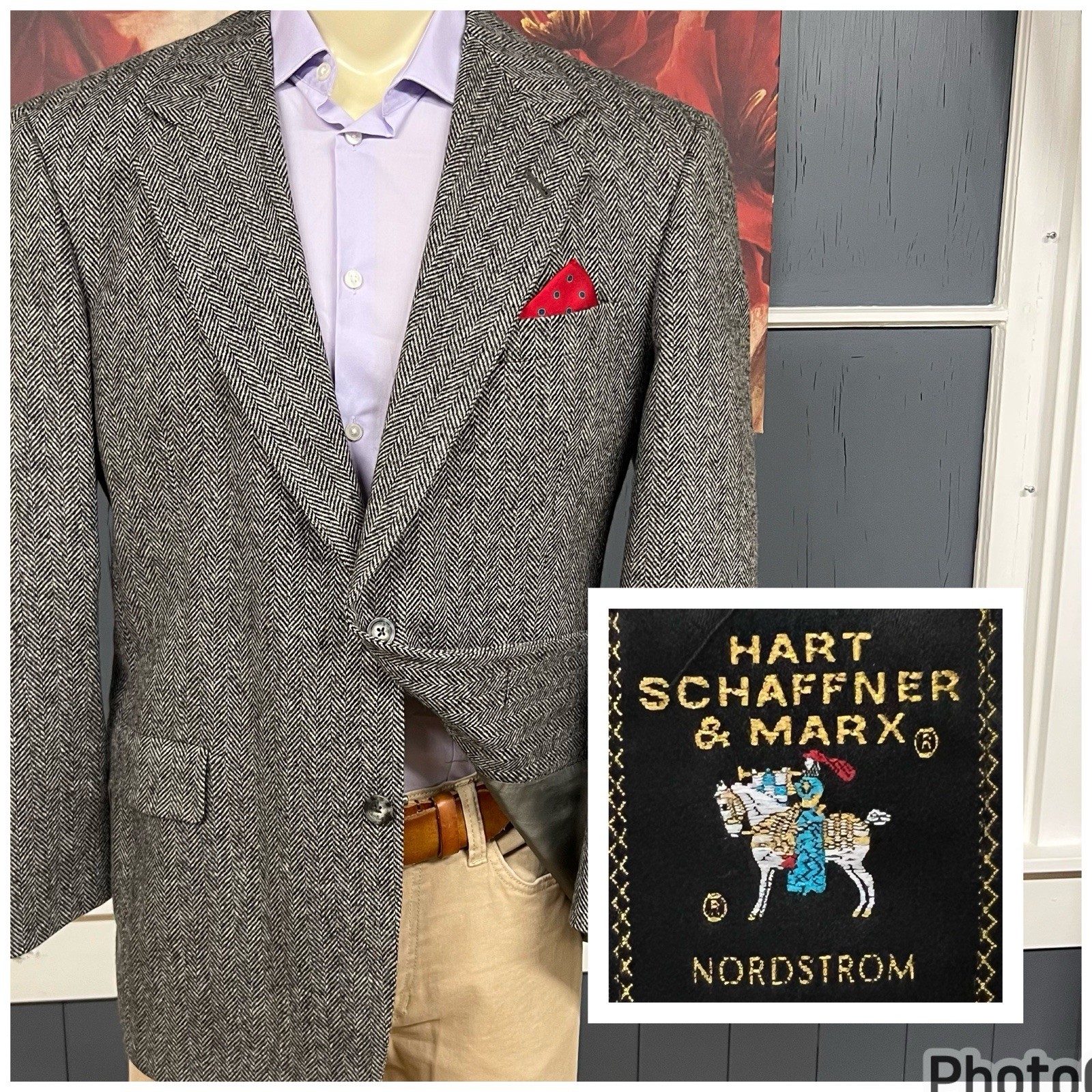 VTG Hart Schaffner Marx Tweed Blazer Sport Coat Mens 40R Wool Herringbone Gray