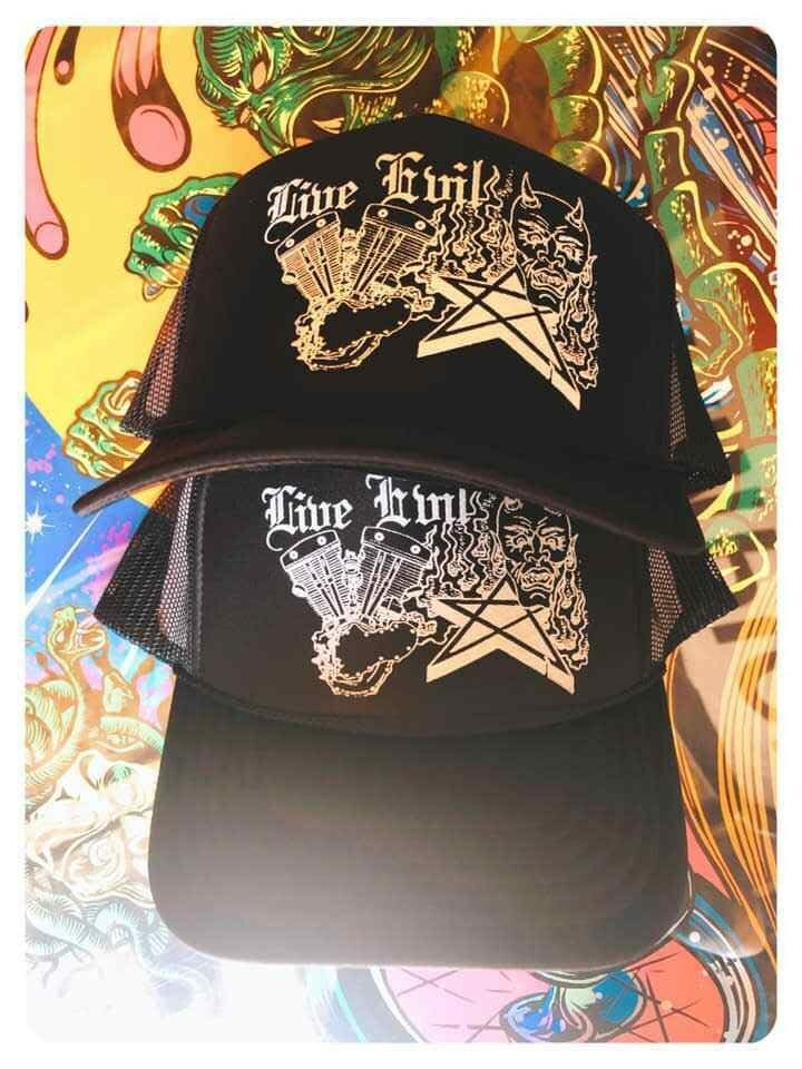 LIVE EVIL TRUCKER HAT Demon & Shovelhead engine old school design biker harley