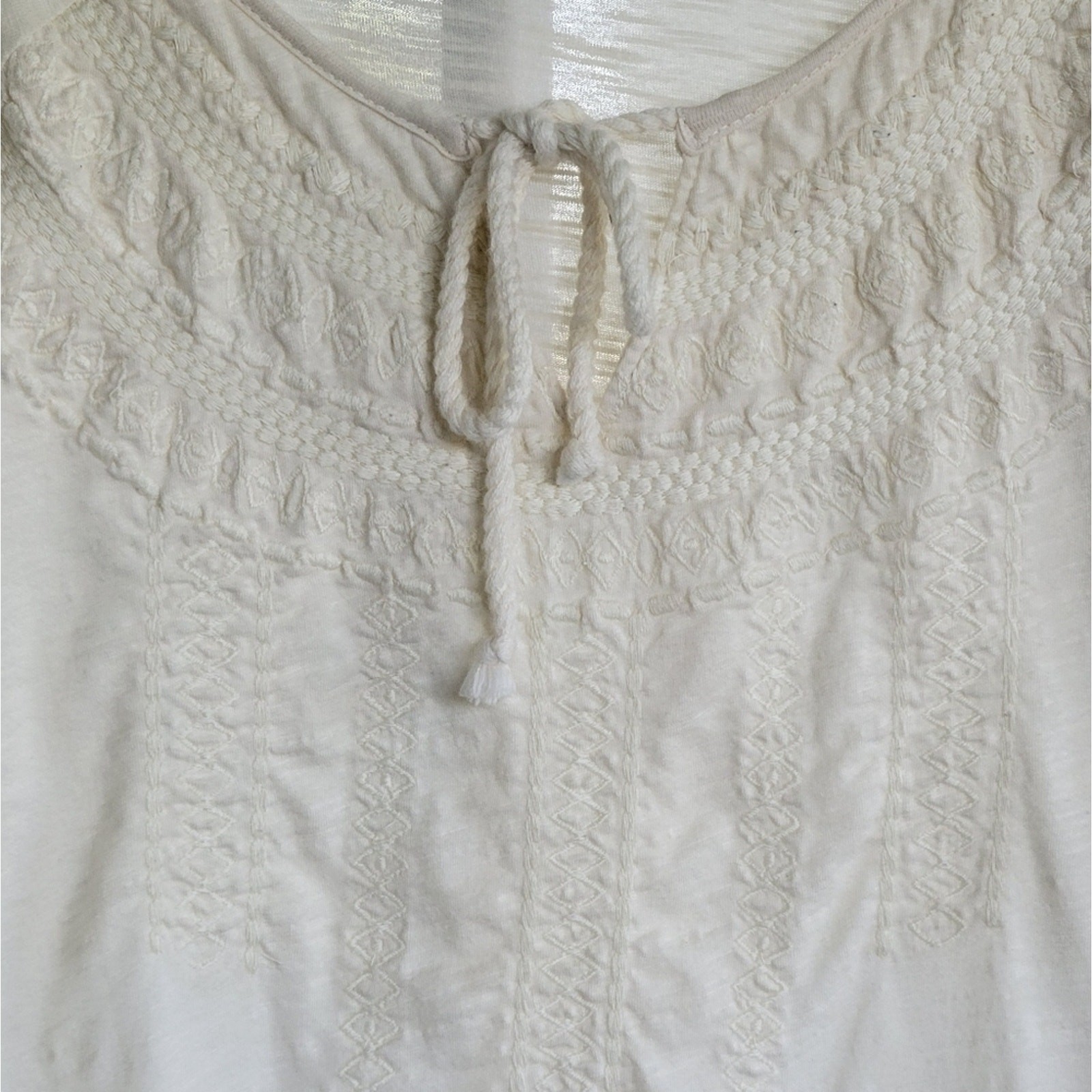 Lucky Brand Sz L Embroidered Cotton Peasant Cottagecore Blouse Top Cream