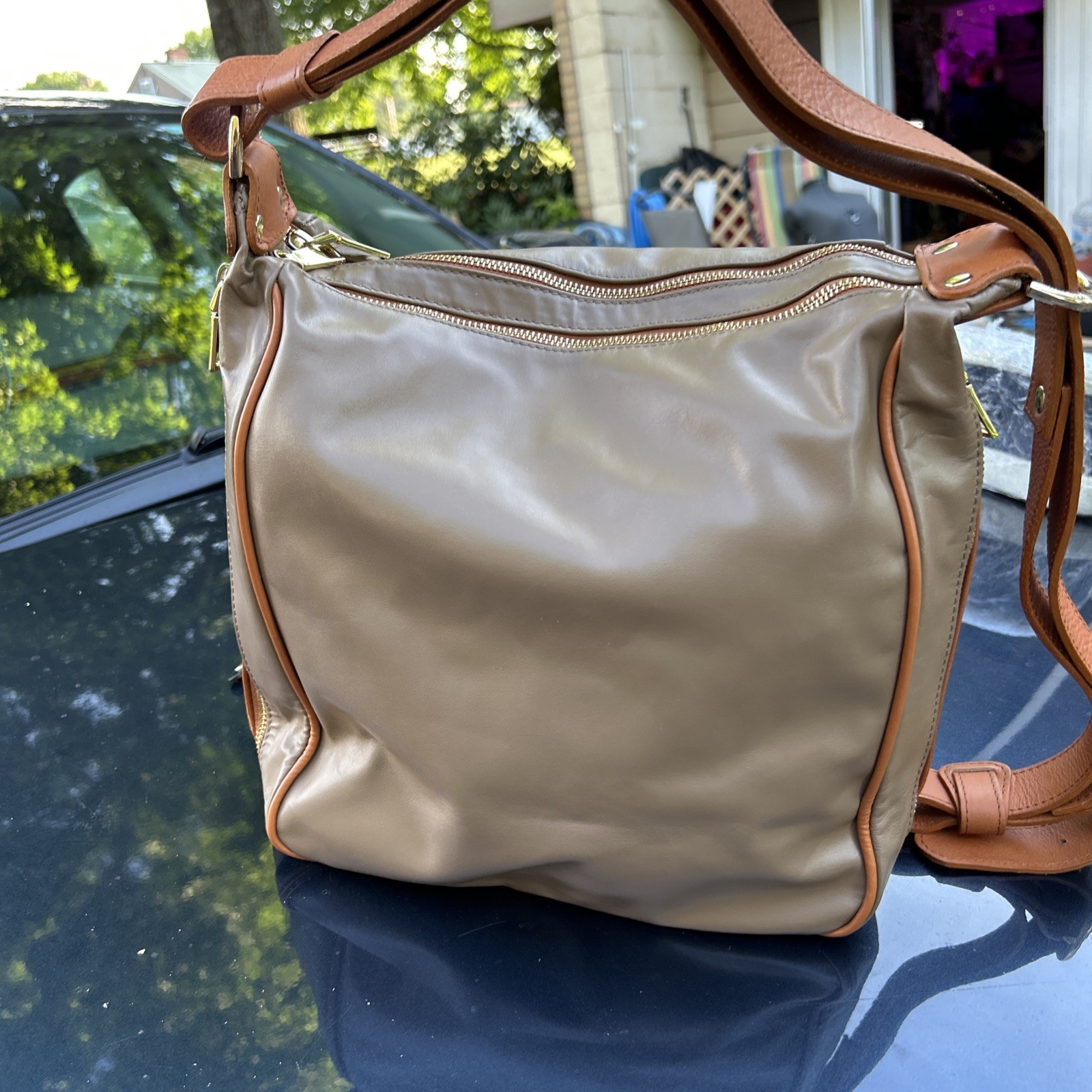 Valentina Large Dual Pocket Shoulder Bag Sling Brown/ Yellow Mustard, Italy