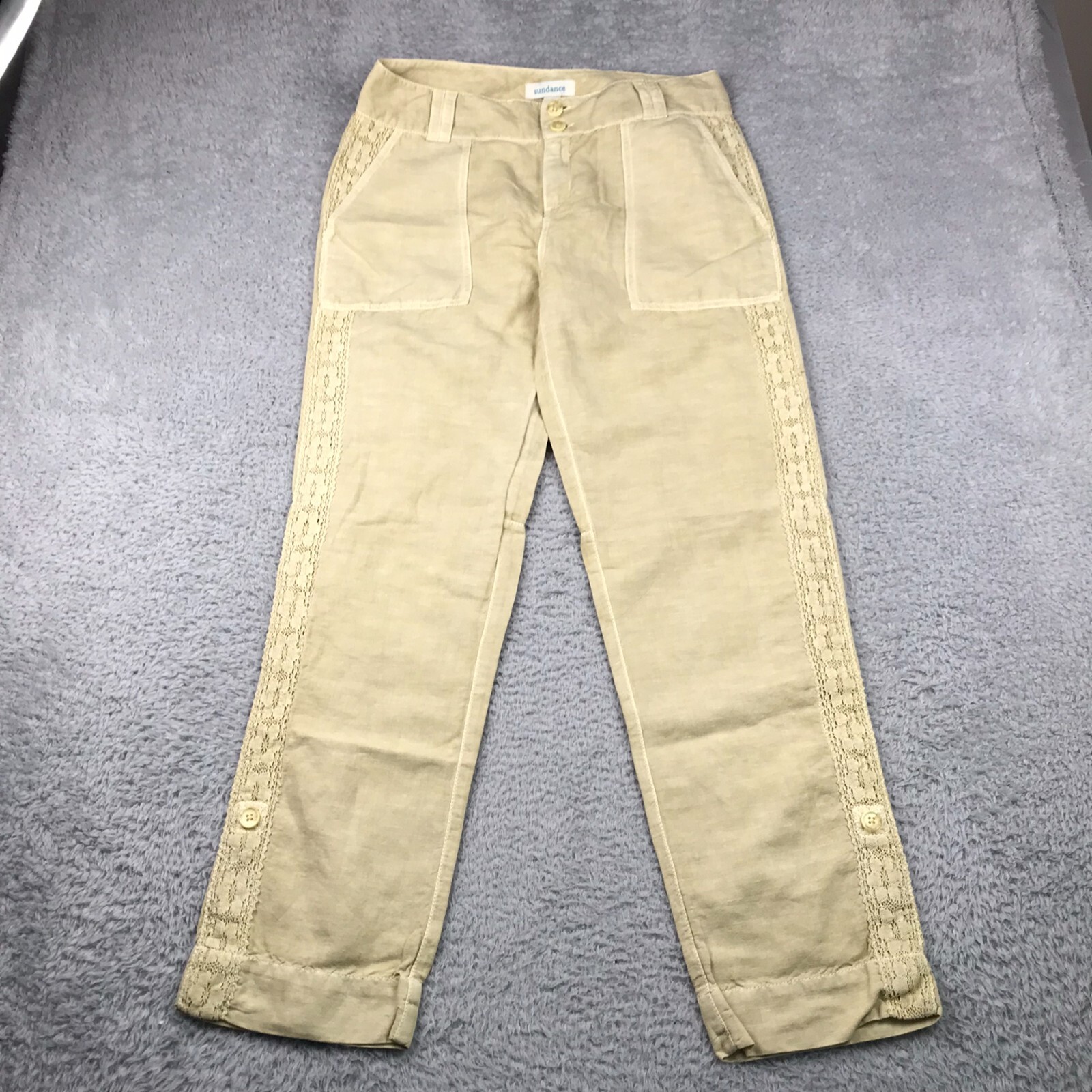 Sundance Pants Womens 8 Yellow Linen Blend Lace Trim Roll Up Patch Pockets NEW