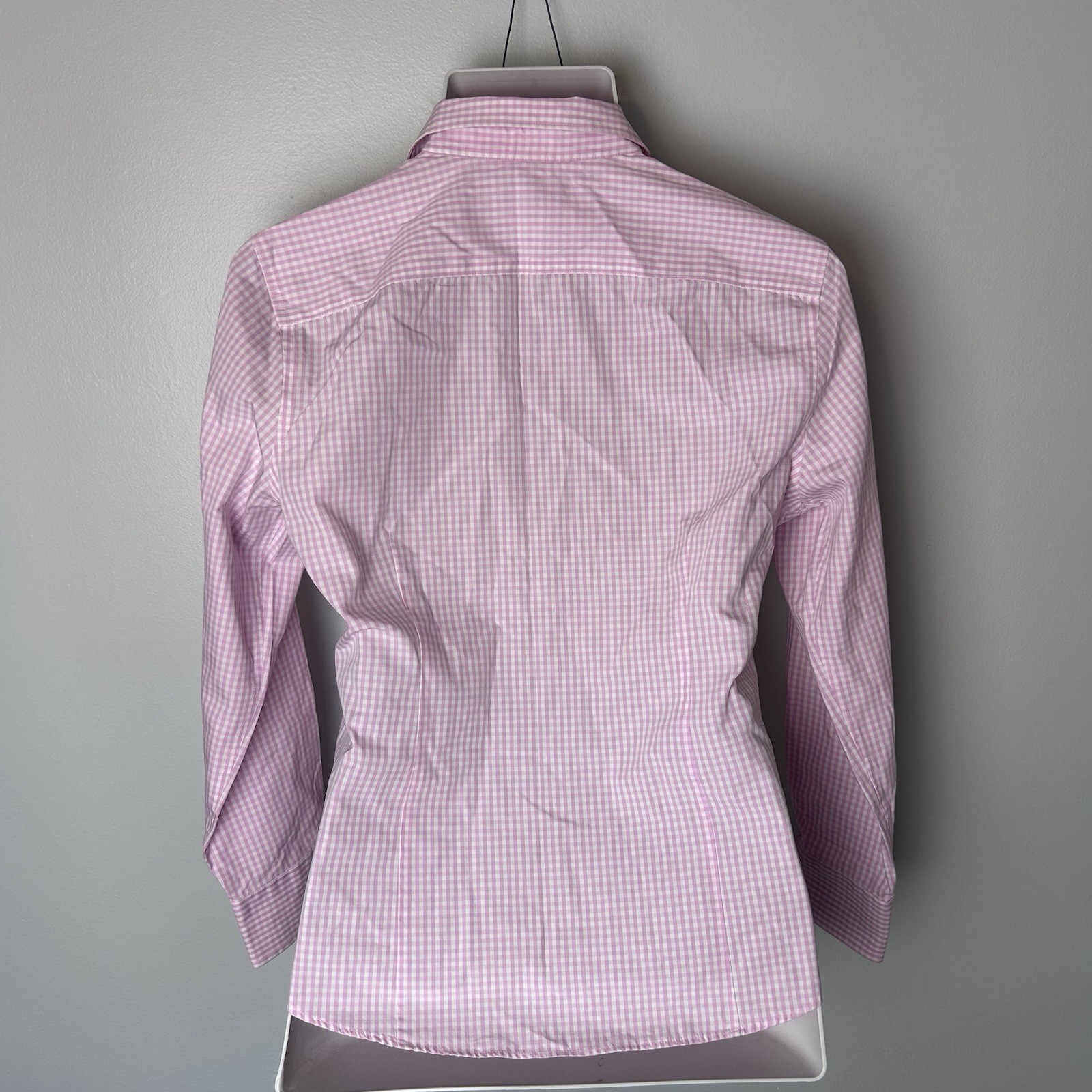 Lands End Womens 10P Button Front Shirt Pink White Gingham Check Supima