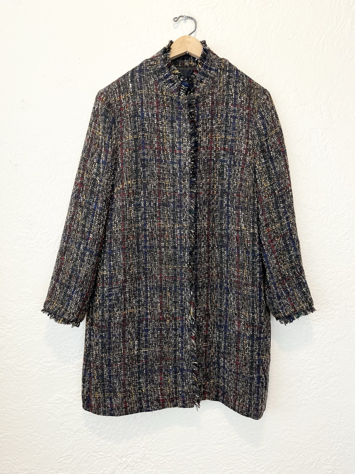 J. McLaughlin Jacket Coat Black Blue Tweed Fringe Large L