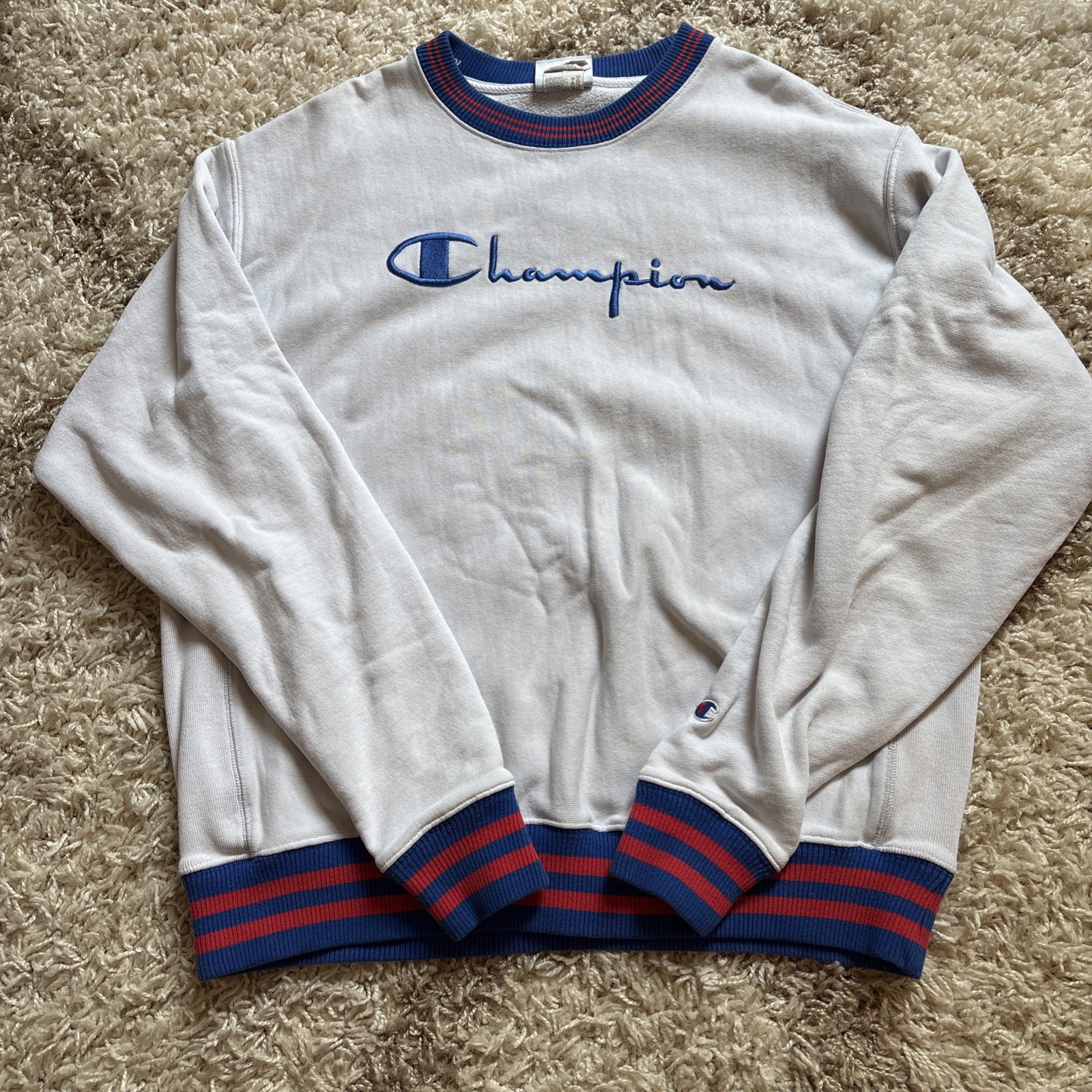 Champion Sweatshirt Men Reverse Weave Large EUC White-Red Blue Trim Preppy Y2K