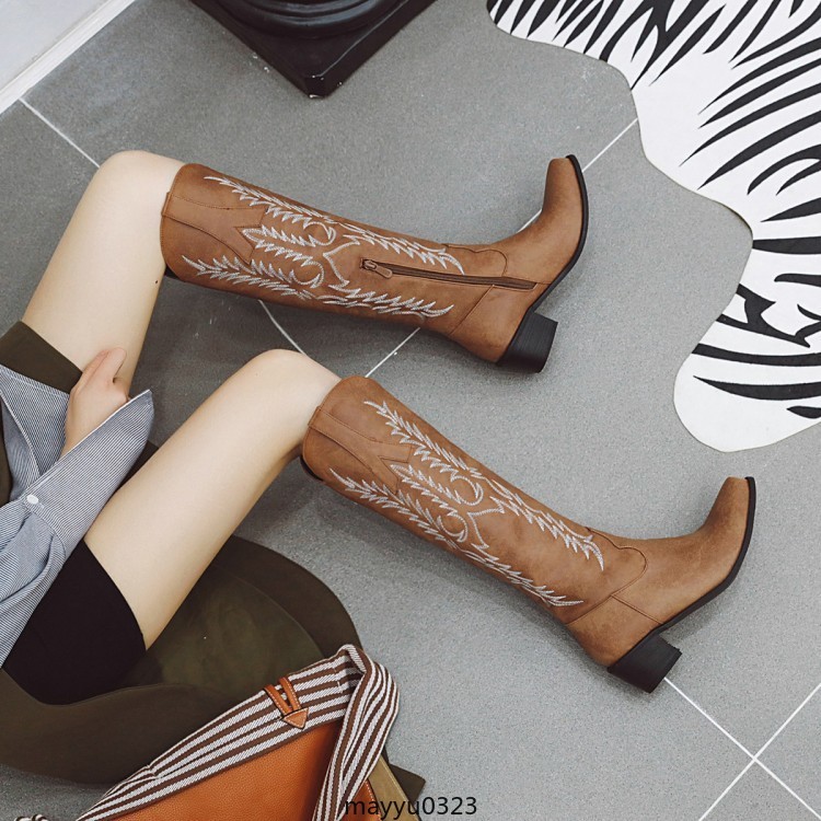 Womens Embossed Zip Mid Block Heel Cowgirl Mid Calf Knee High Boots Western PLus