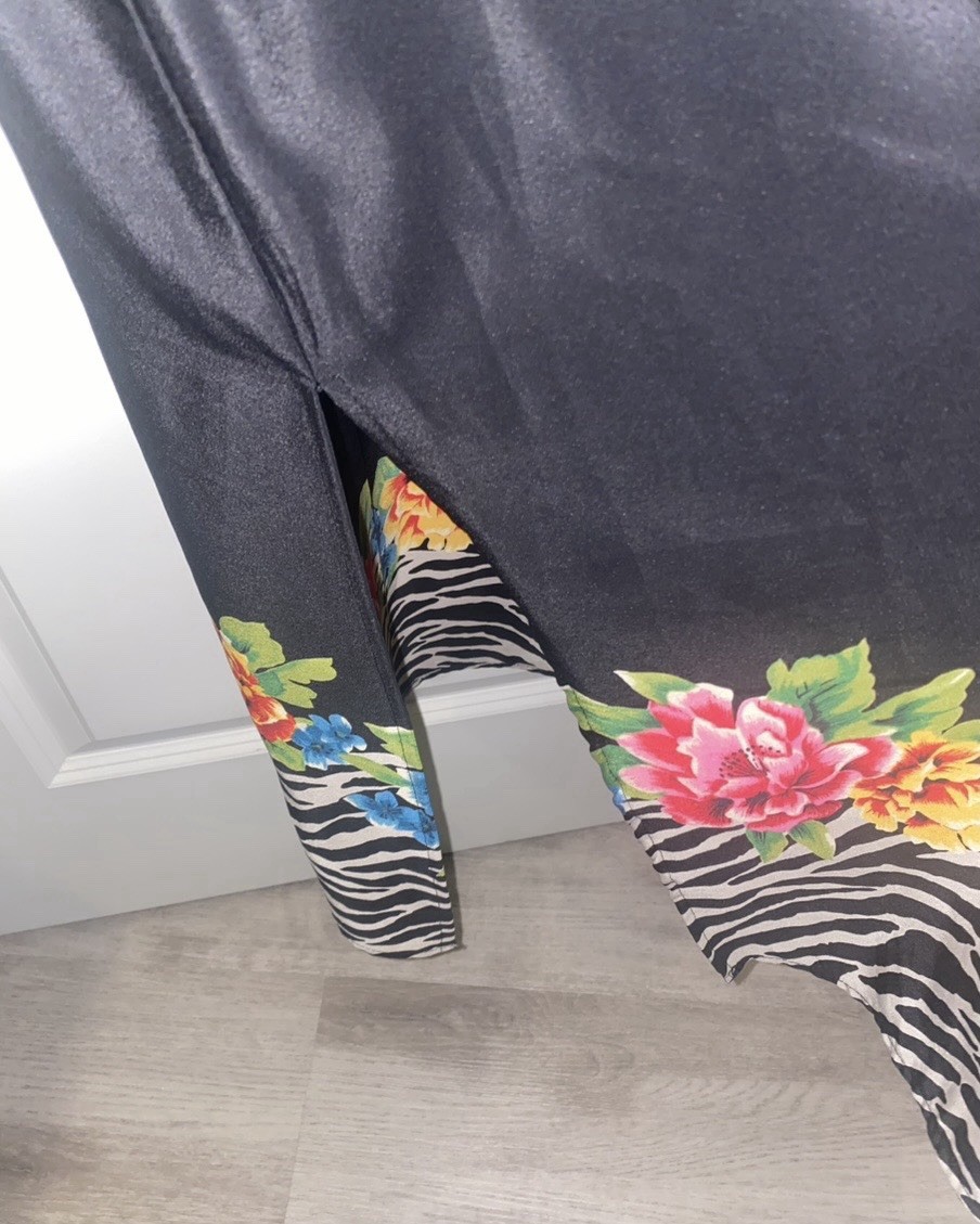 Vintage Maggie Sweet 2XL Black Midi Shift Dress Sleeveless Floral Zebra Slit 90’