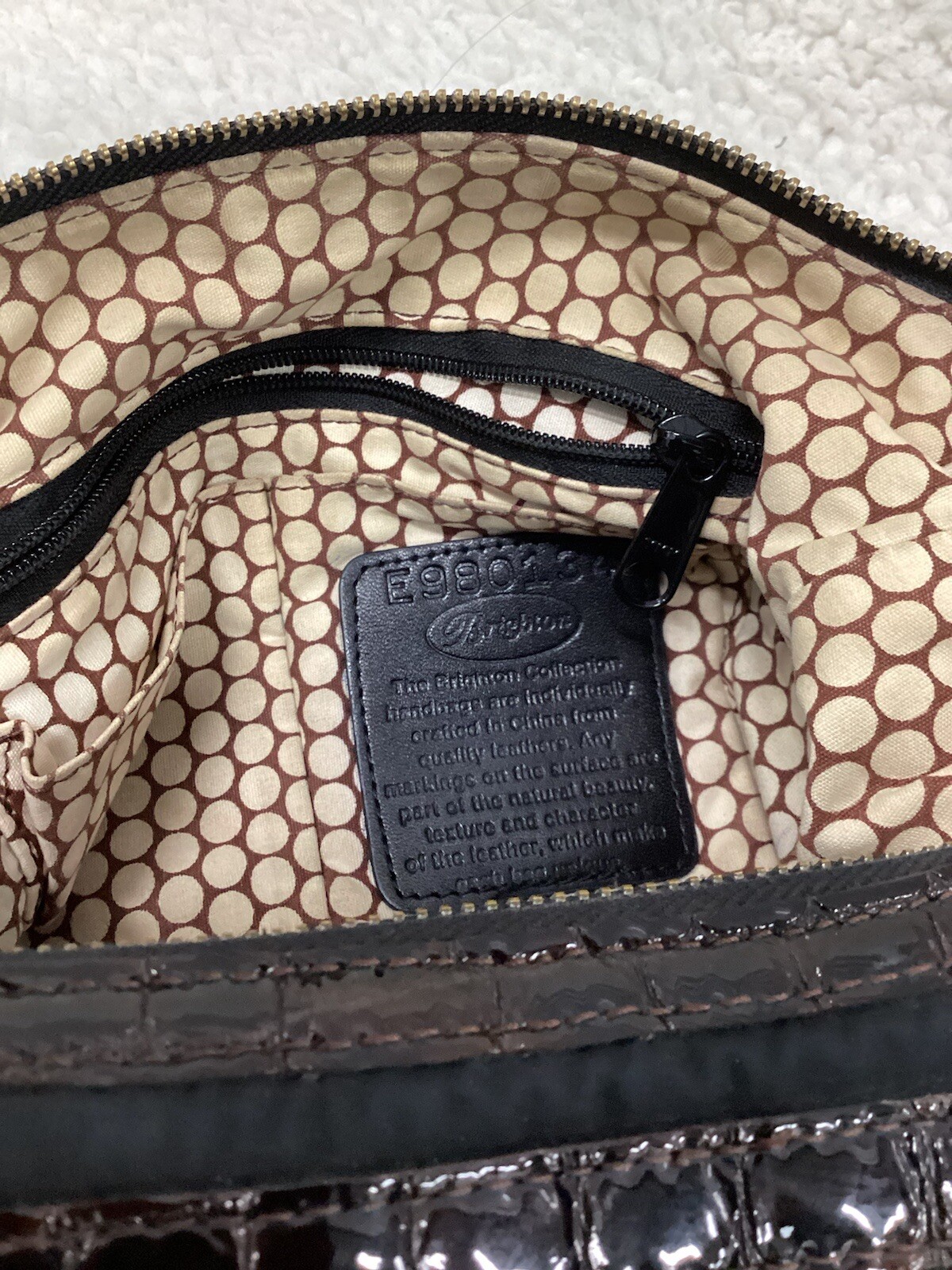 Brighton Black Nylon Brown Croc Patent Leather Crossbody Bag Pockets 8x12x3