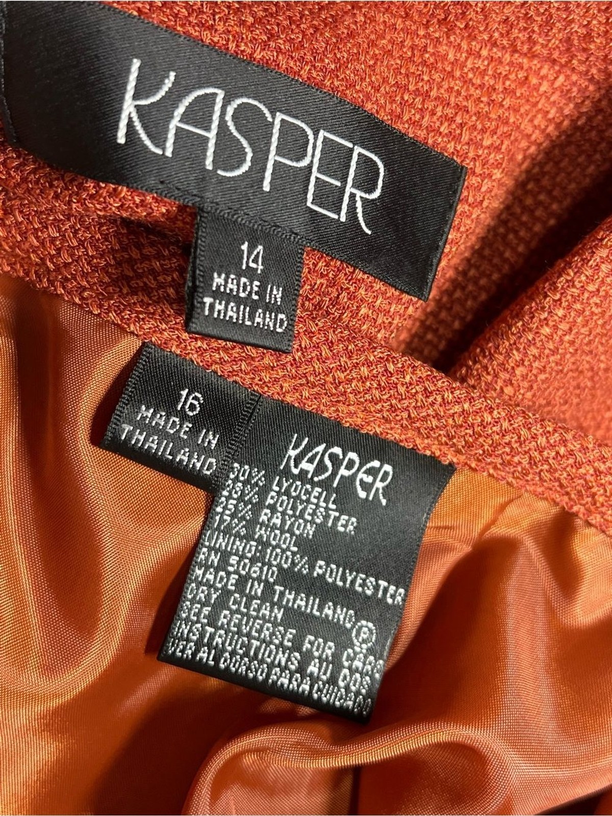 Kasper Two-Piece Skirt Suit 14/16 Rust Orange fringe/suede detail office Vtg