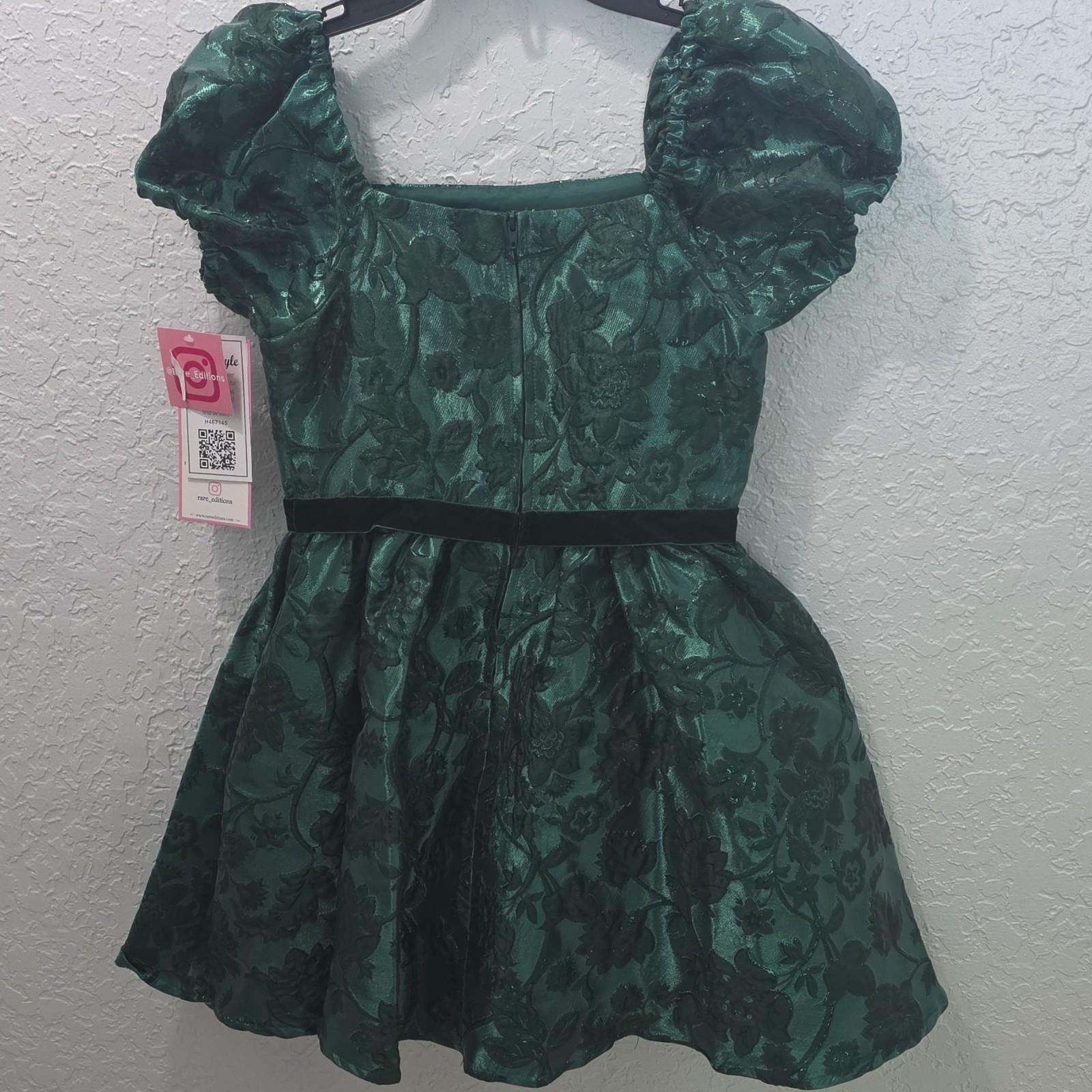 Rare Editions Hunter Green Floral Fit & Flare Puff Sleeve Girls Dress 12 Party