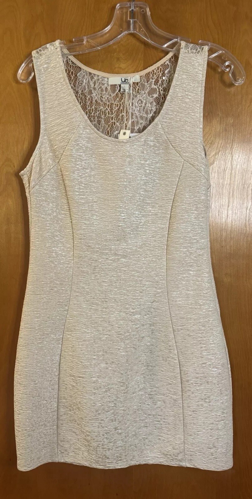 Ya Los Angeles Champagne Texured Cocktail Dress w Mesh Sparkle Back Large NWT