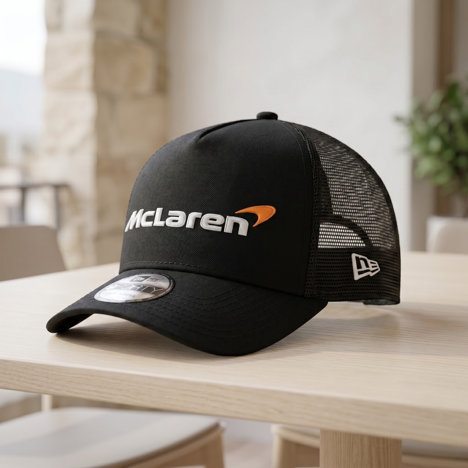 McLaren logo Embroidered Hat 9FORTY Black Trucker Mesh Cap Adjustable