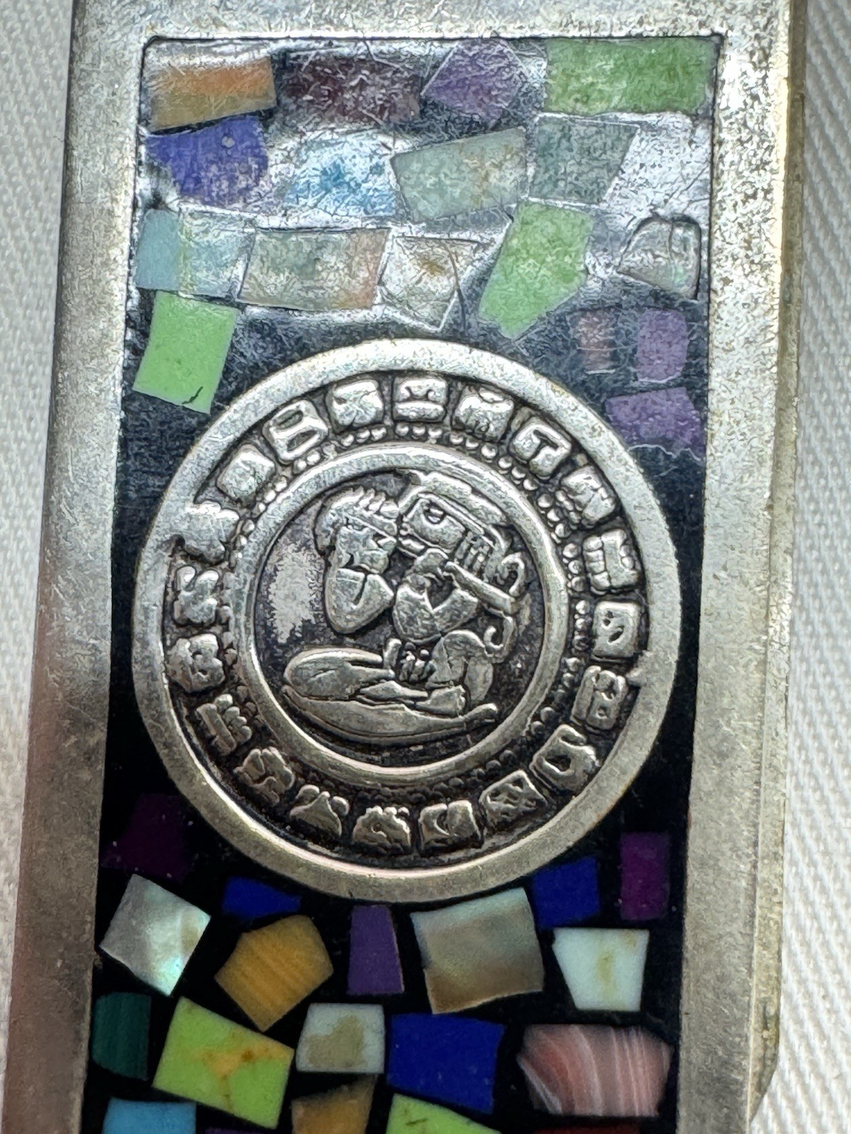 Vintage Taxco Mexico Inlay Multi Gemstone Aztec Sterling .925 Money Clip