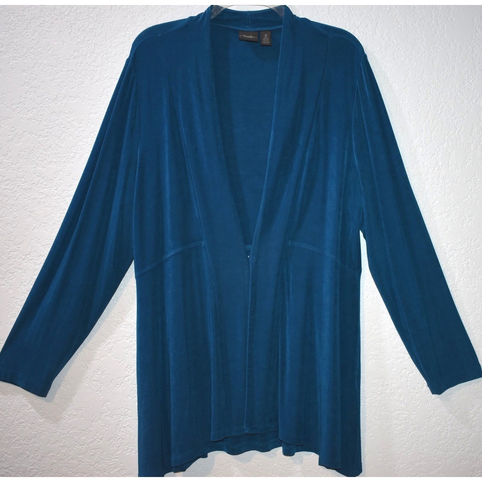 Chicos Travelers Teal Blue Open Front Slinky Knit Cardigan Jacket Size 3 XL