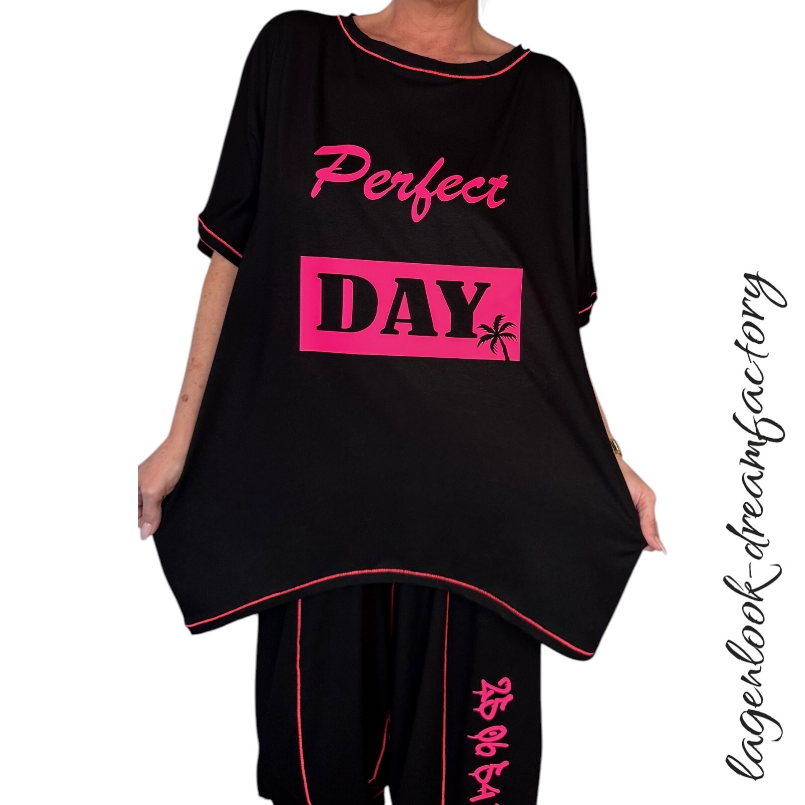 Lagenlook Balloon Jersey Jumper Short Sleeve Black Neon Pink 44 46 48 50 52 54 56 58