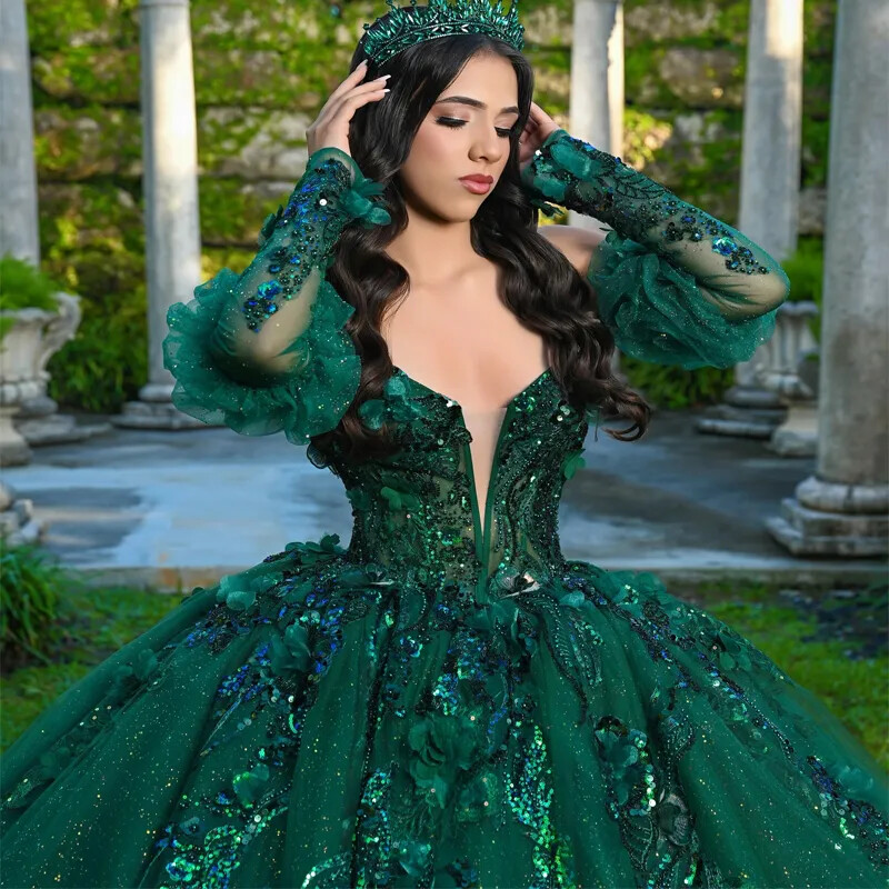 Emerald Green Off-Shoulder Sequin Ball Gown Quinceanera Dresses With Sleeves