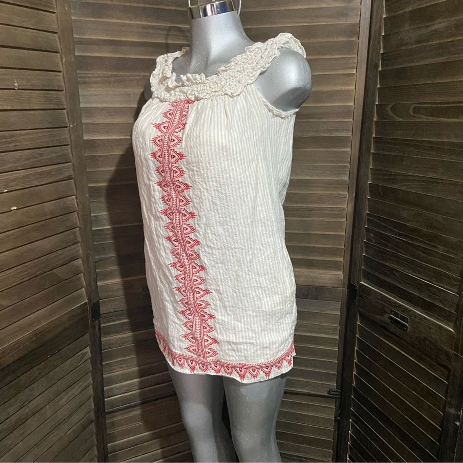TJD Embroidered Linen Sleeveless Tunic Mini Dress Mexican Peasant Pockets Small