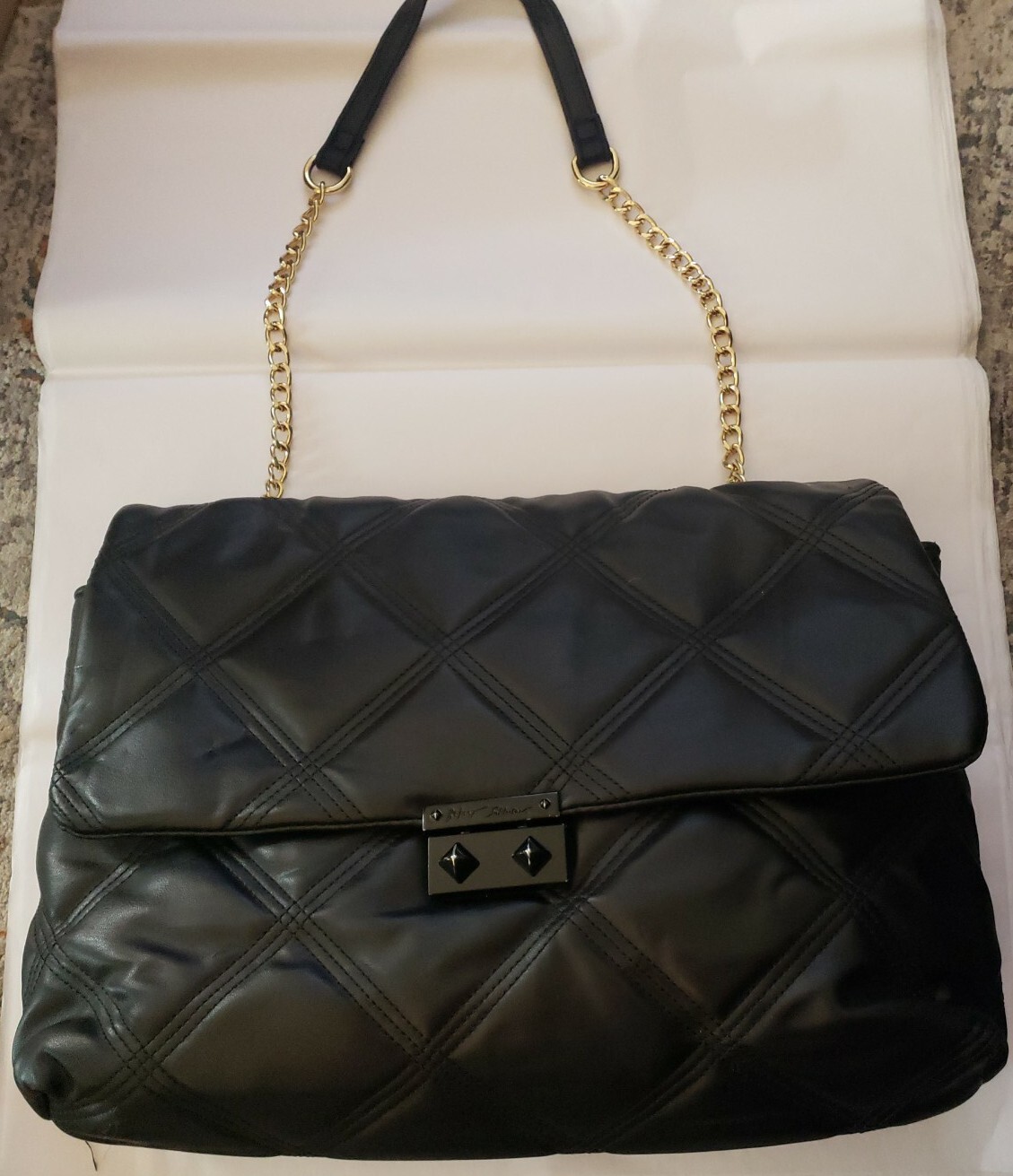 Betsey Johnson XO Phoebe Nylon Shoulder Bag Quilted chain strap Black