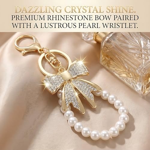 2Pcs Cherry Keychain & Pearl Bow Keychain, Sparkly White & Rhinestone Bow