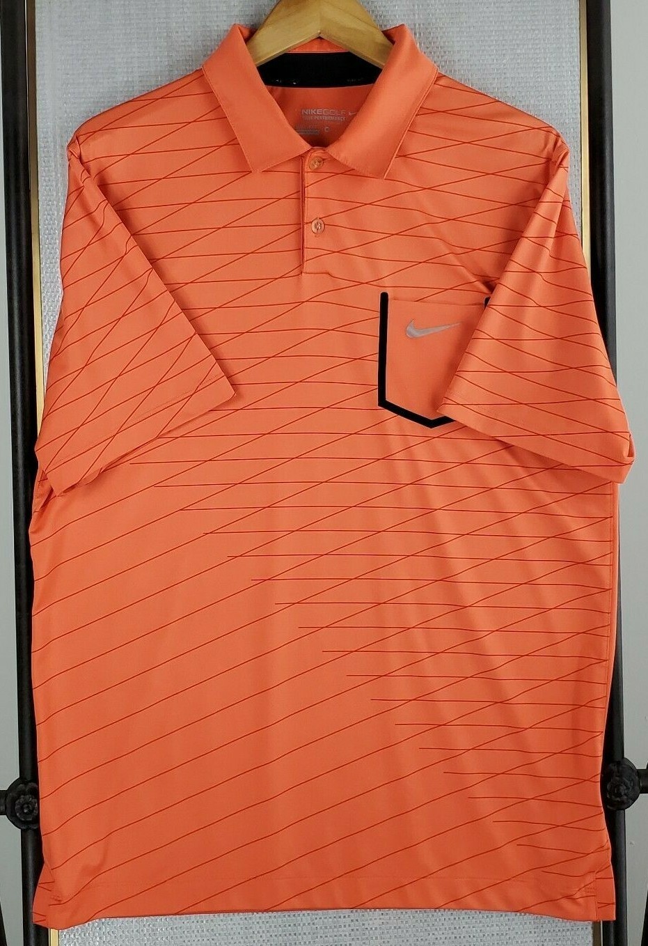 NIKE GOLF Size Medium Orange Pocketed Grid Tour Performance Mens Polo Shirt